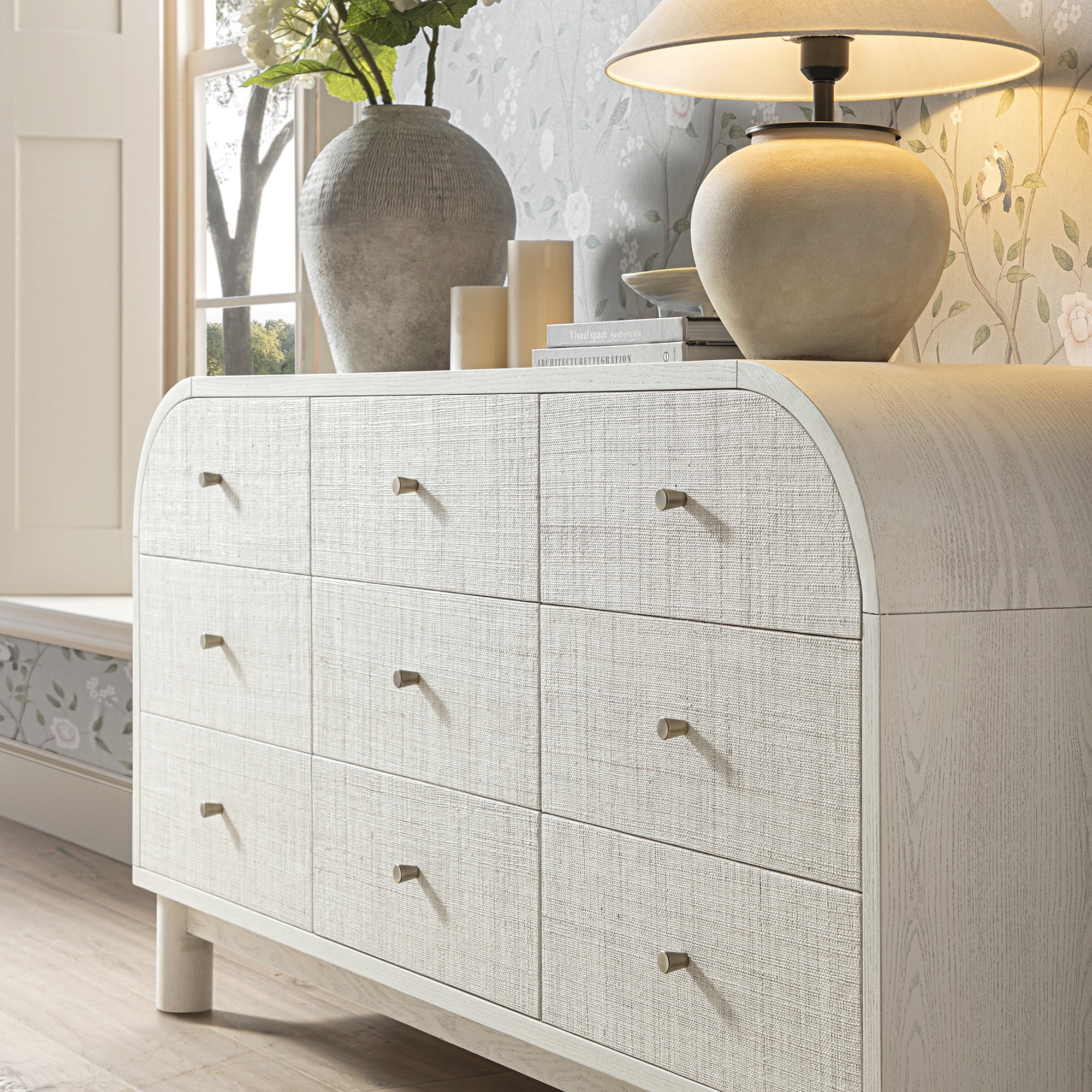 Maude 9 Drawer Dresser, Washed White Ash with Raffia