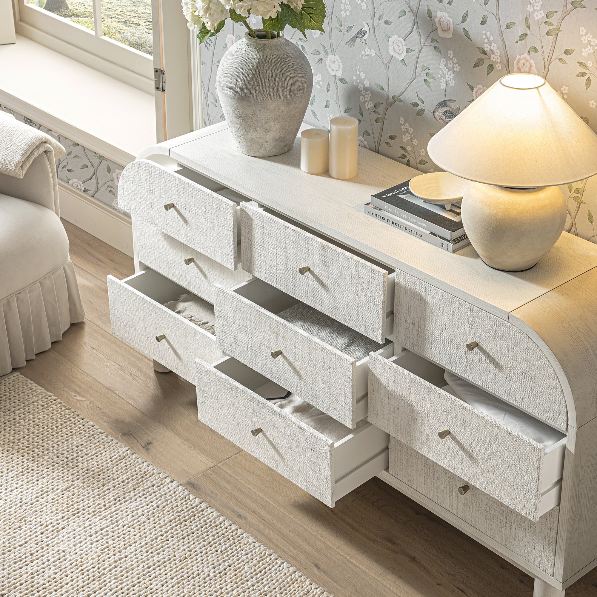 Maude 9 Drawer Dresser, Washed White Ash with Raffia