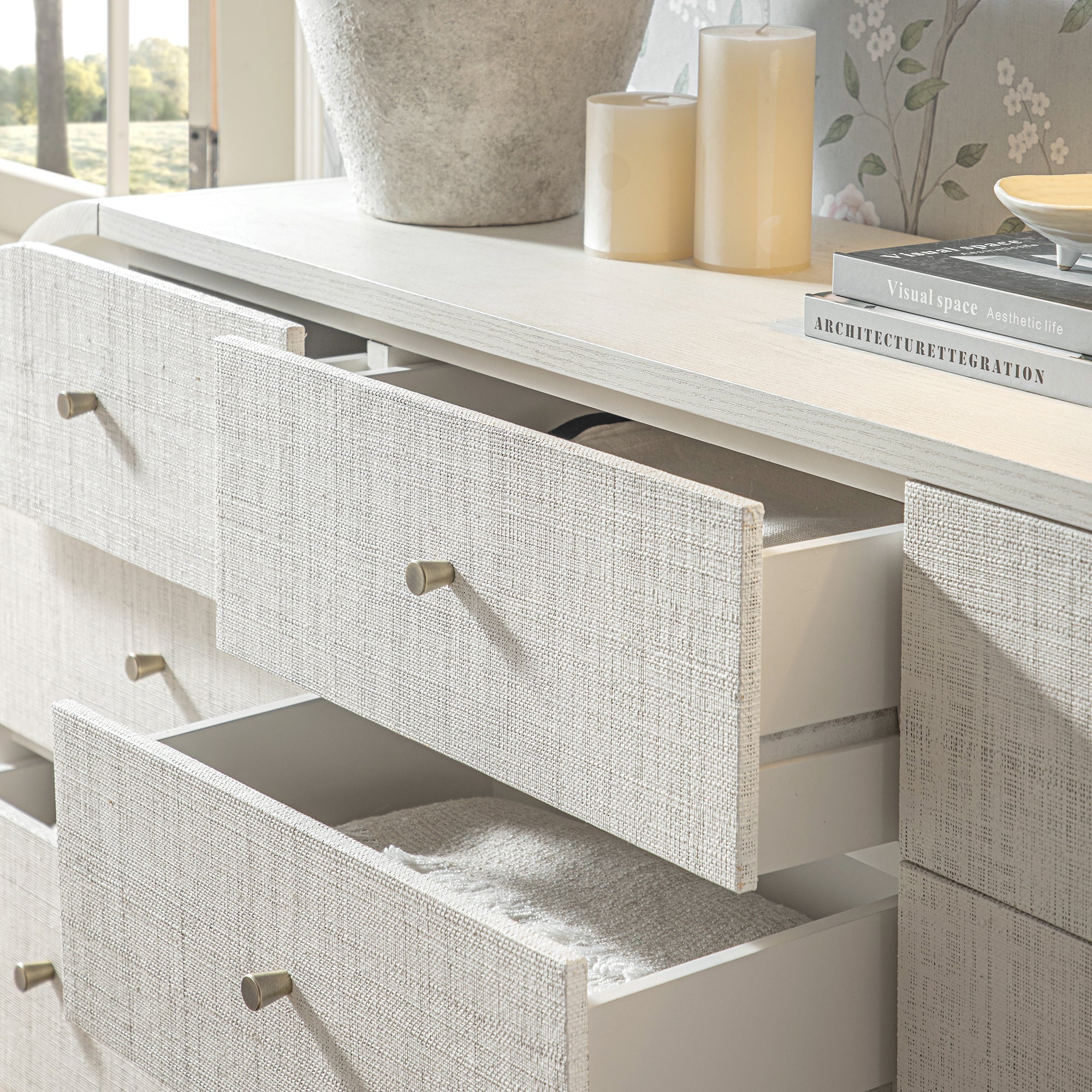 Maude 9 Drawer Dresser, Washed White Ash with Raffia