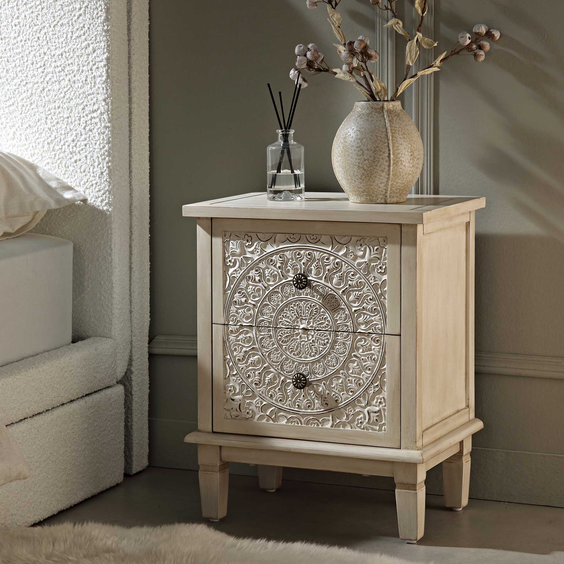 Chantilly Whitewashed Carved 2 Drawer Nightstand