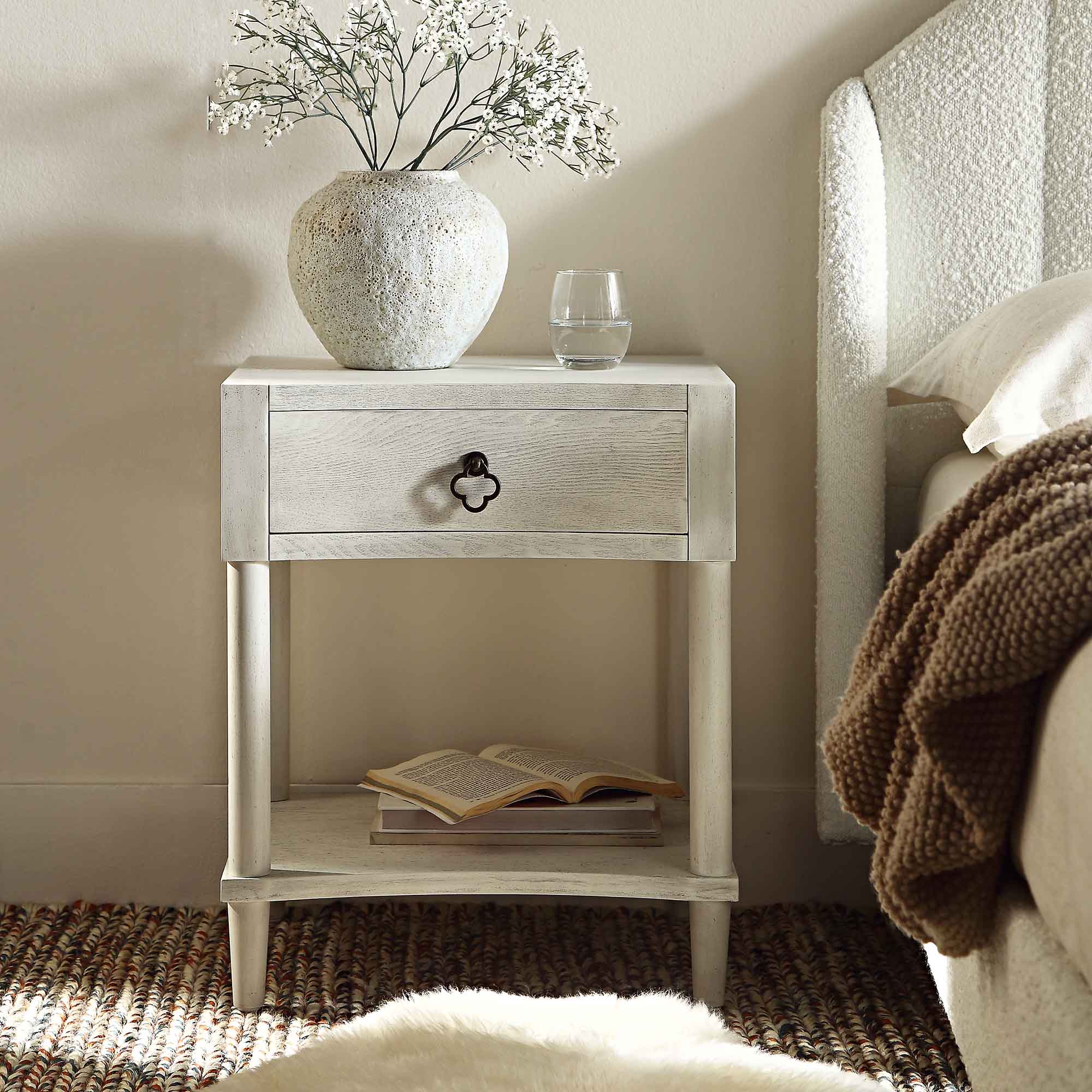 Thalia Concave 1 Drawer Nightstand, Washed White