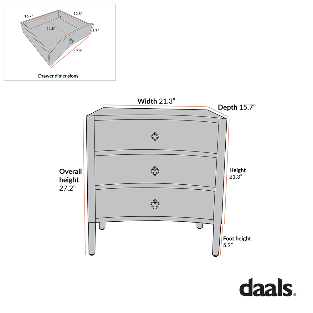 Thalia Concave 3 Drawer Nightstand, Silver Oak