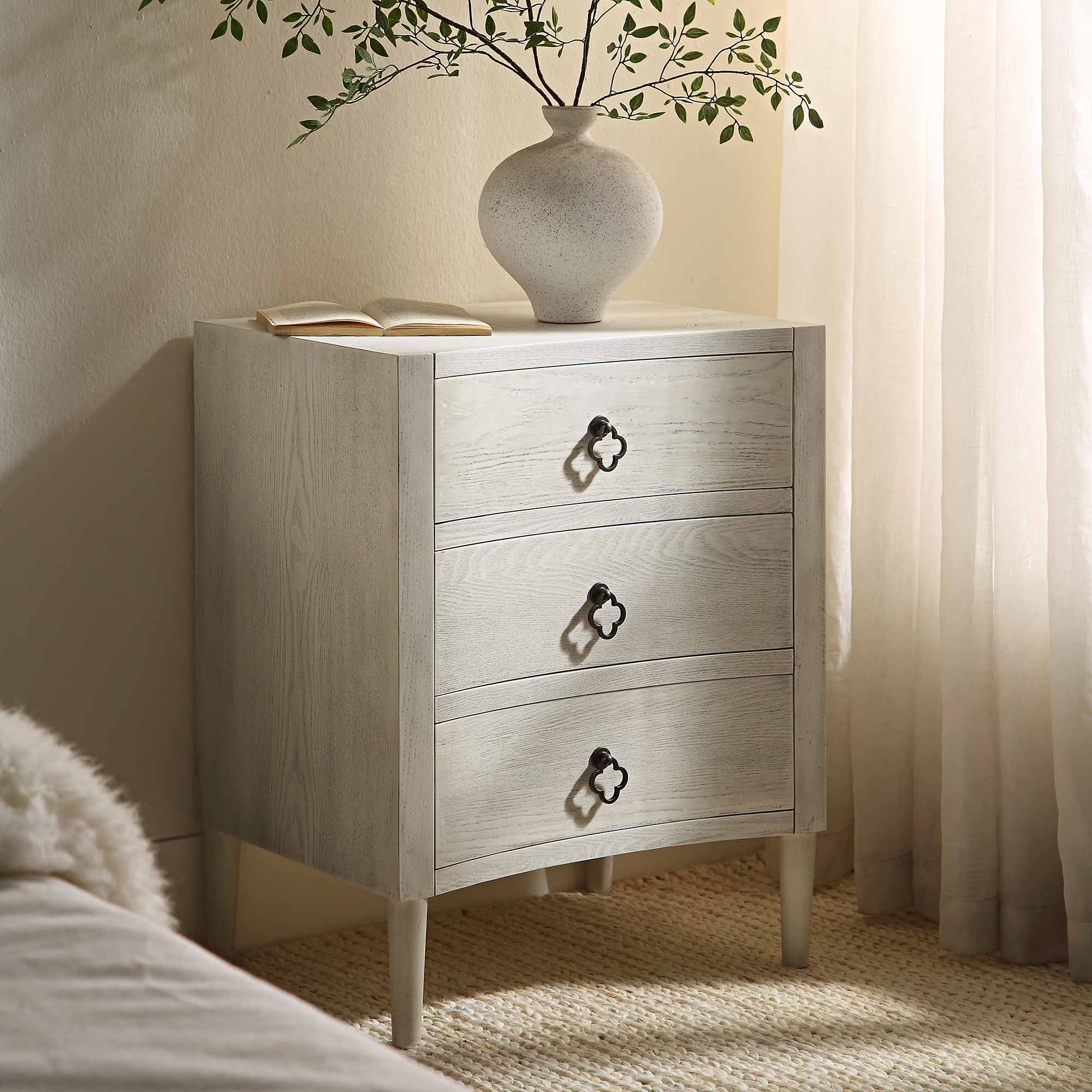 Thalia Concave 3 Drawer Nightstand, Washed White