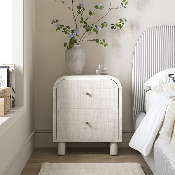 Maude 2 Drawer Nightstand, Washed White Ash with Raffia