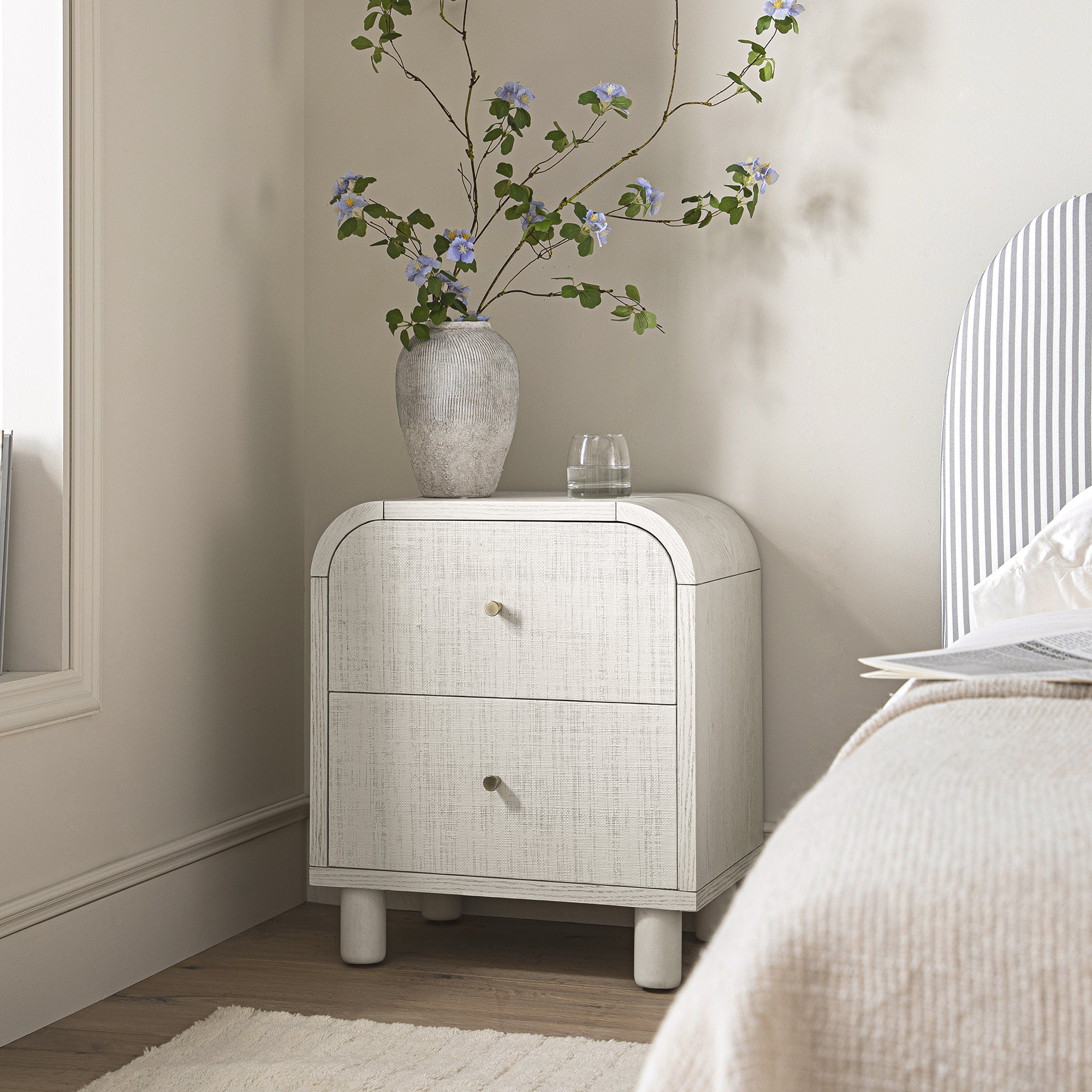 Maude 2 Drawer Nightstand, Washed White Ash with Raffia