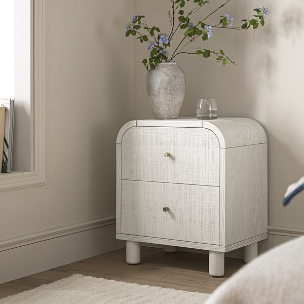 Maude 2 Drawer Nightstand, Washed White Ash with Raffia