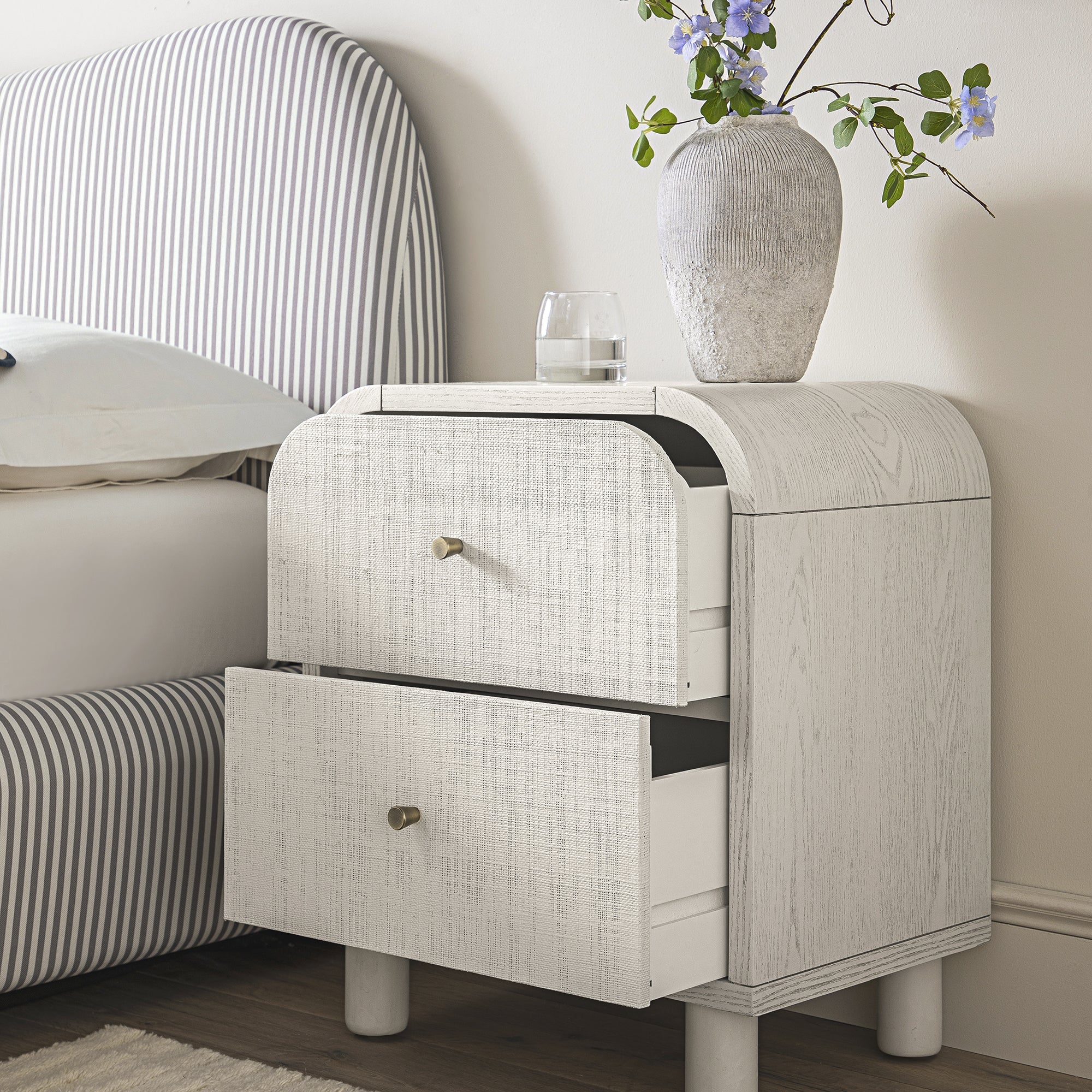 Maude 2 Drawer Nightstand, Washed White Ash with Raffia