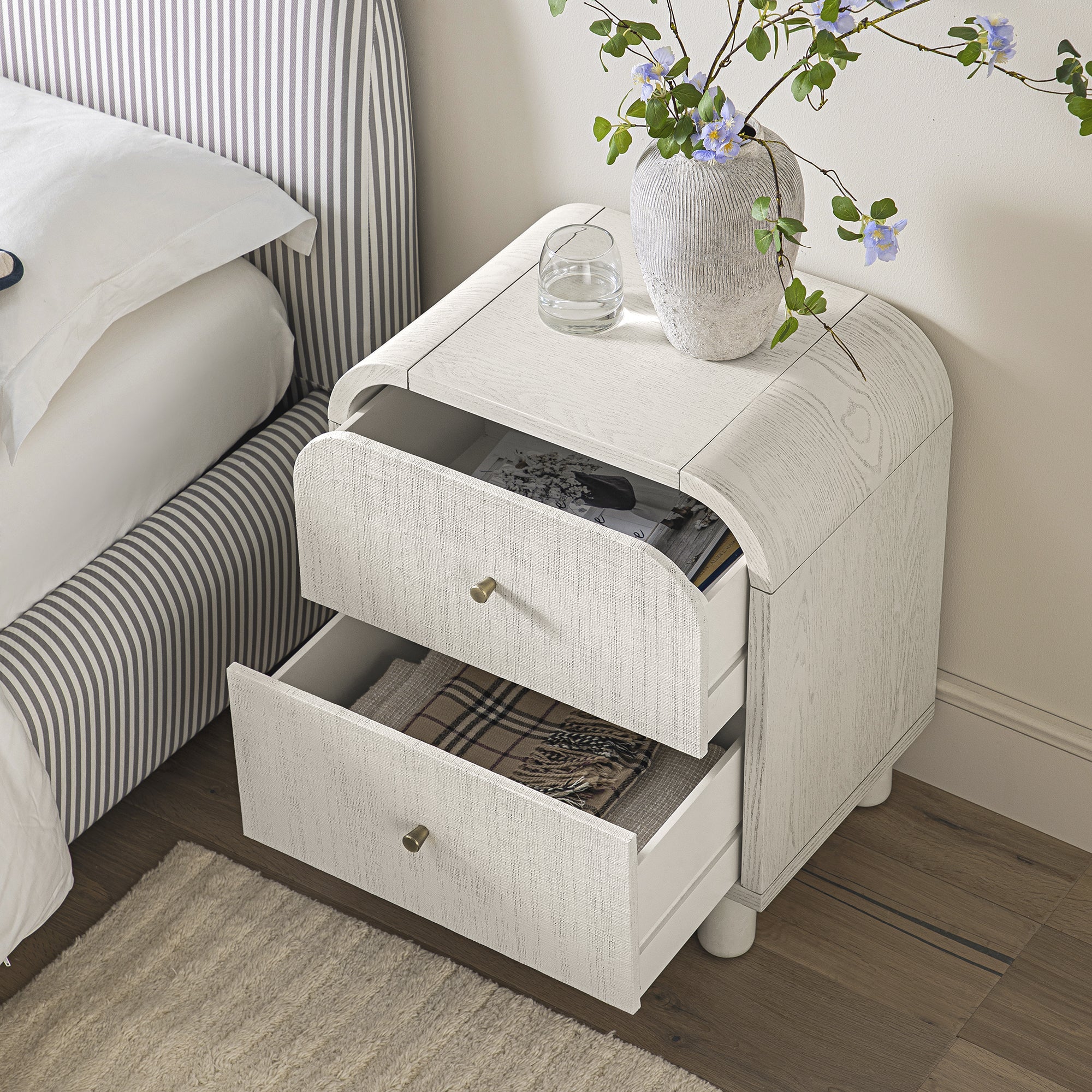 Maude 2 Drawer Nightstand, Washed White Ash with Raffia