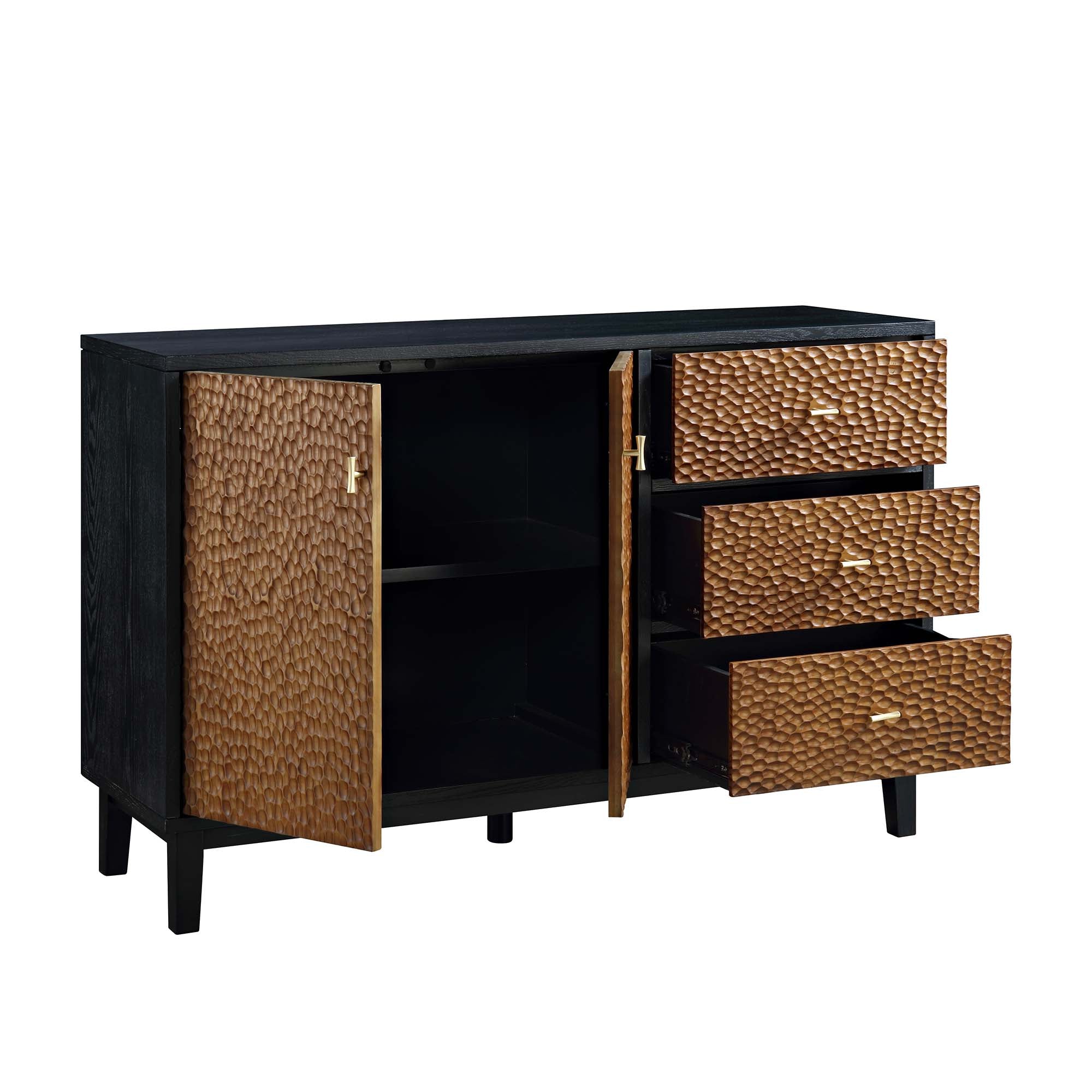 Bianca Chip Carved 2-Door 3-Drawer Sideboard, Antique Bronze & Black