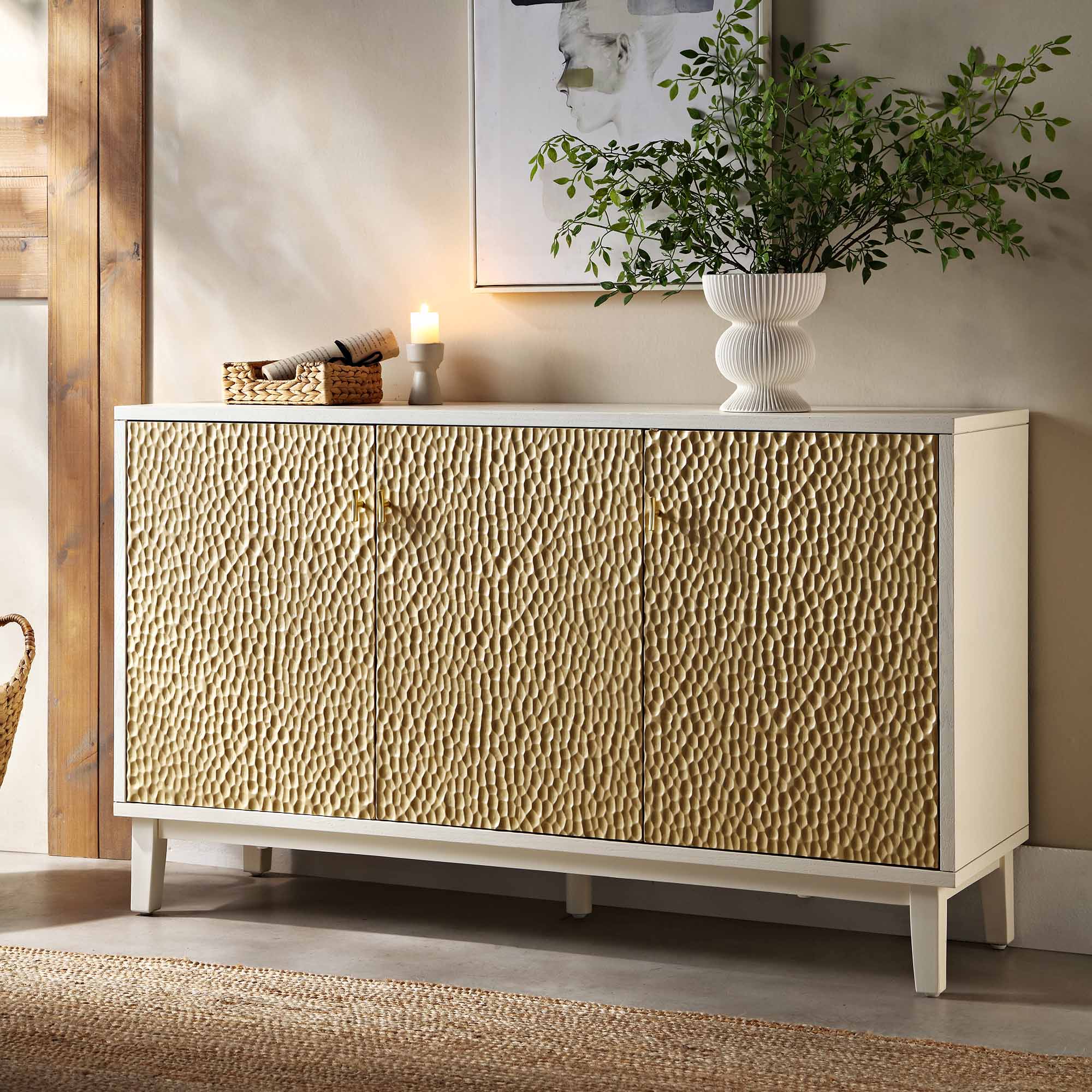 Bianca Chip Carved 3 Door Sideboard, Sand Beige & Ivory