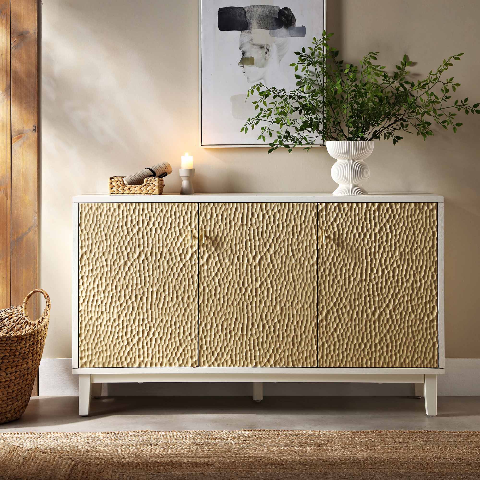 Bianca Chip Carved 3 Door Sideboard, Sand Beige & Ivory