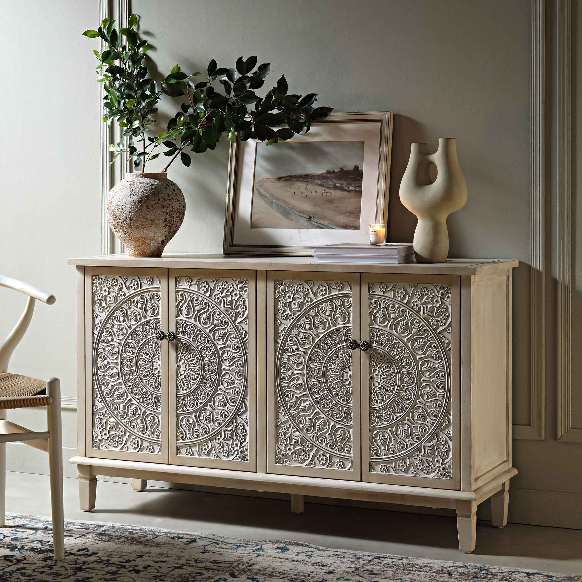 Chantilly Whitewashed Carved Large Sideboard