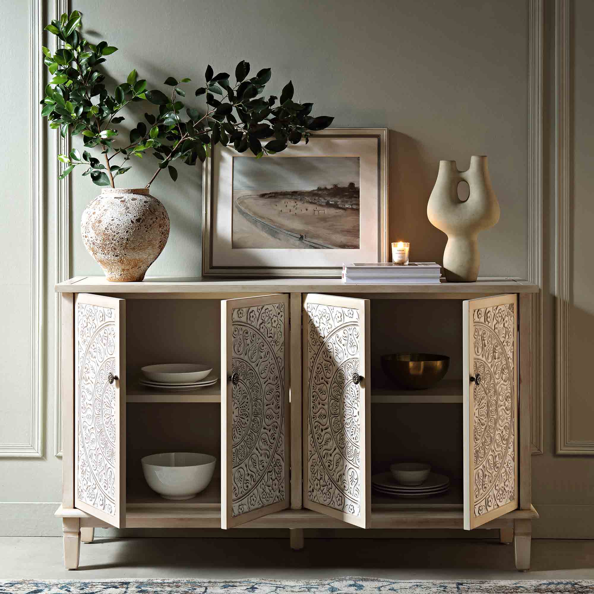 Chantilly Whitewashed Carved Large Sideboard