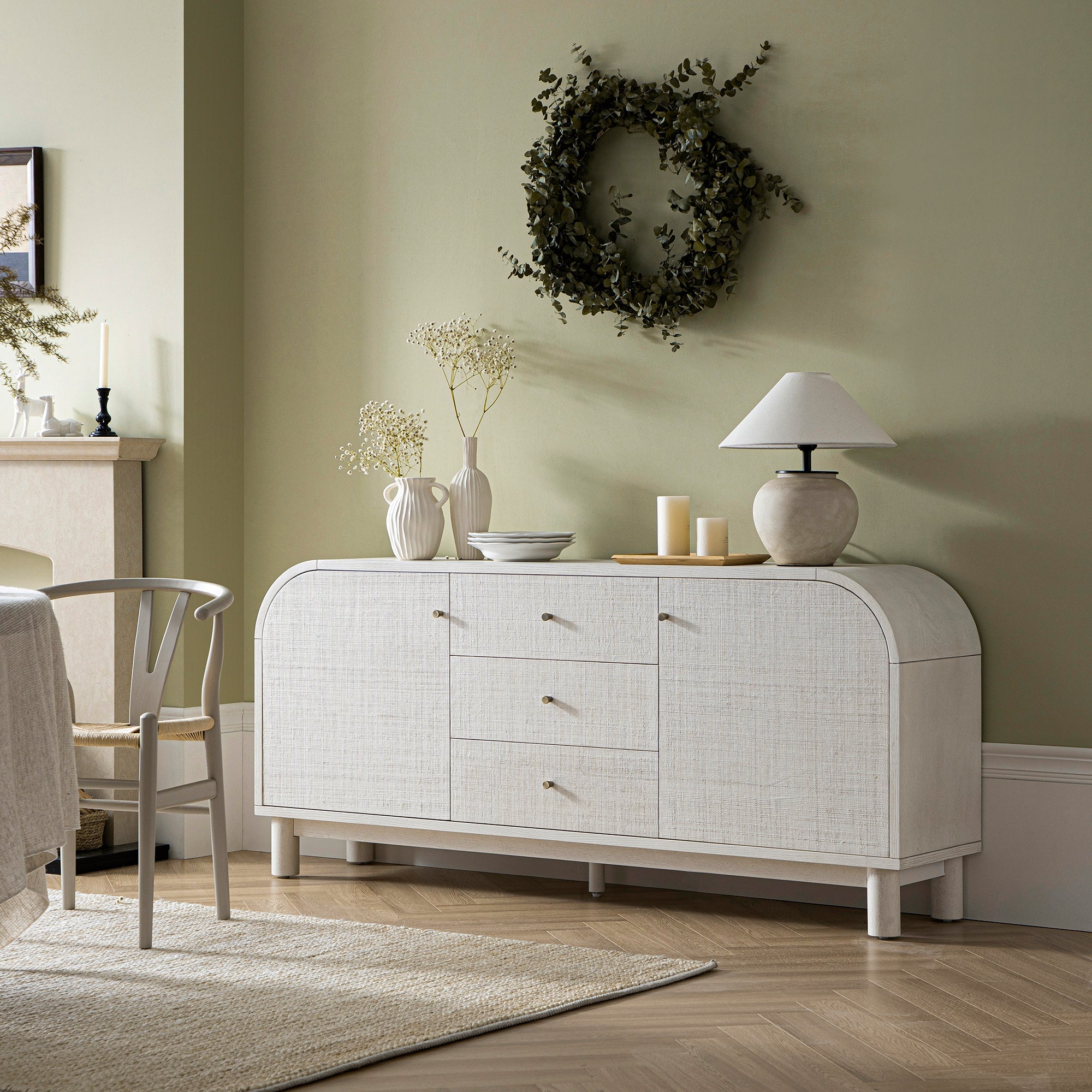 Maude Wide 3-Drawer Sideboard, Washed White Ash with Raffia