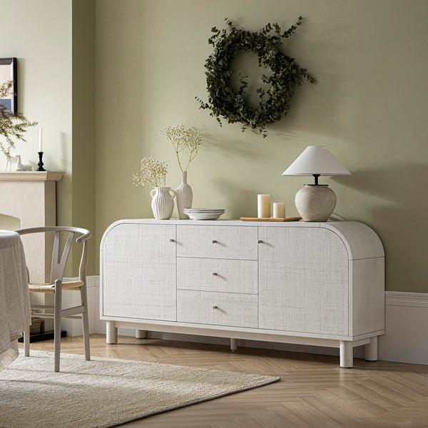 Maude Wide 3-Drawer Sideboard, Washed White Ash with Raffia