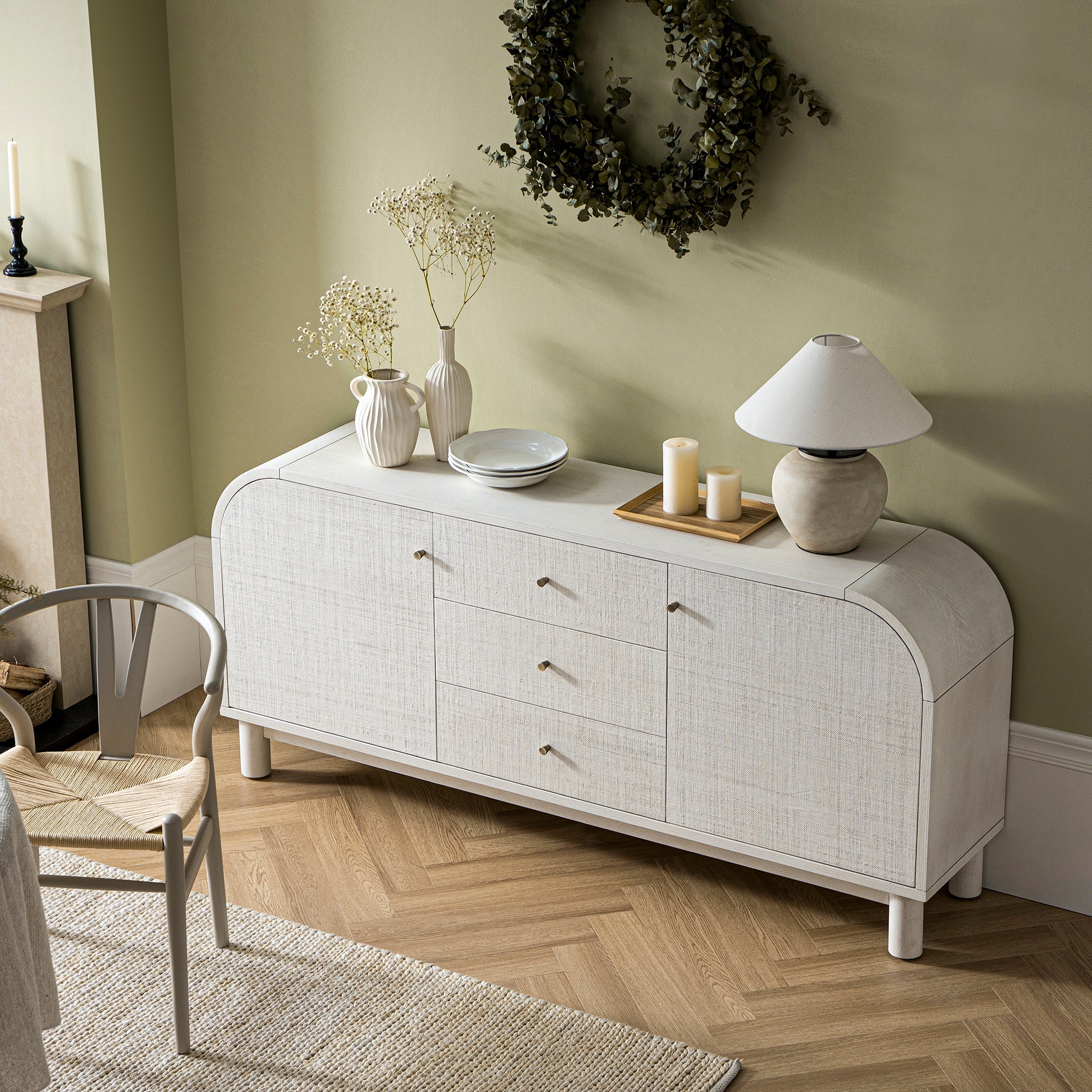 Maude Wide 3-Drawer Sideboard, Washed White Ash with Raffia