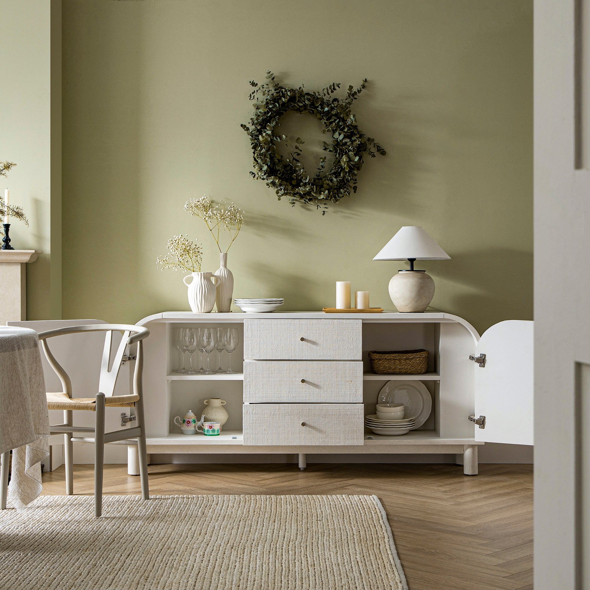 Maude Wide 3-Drawer Sideboard, Washed White Ash with Raffia