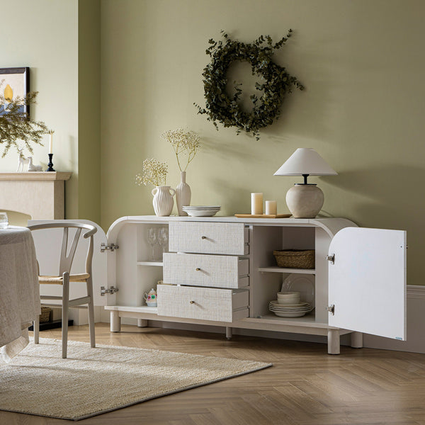 Maude Wide 3-Drawer Sideboard, Washed White Ash with Raffia