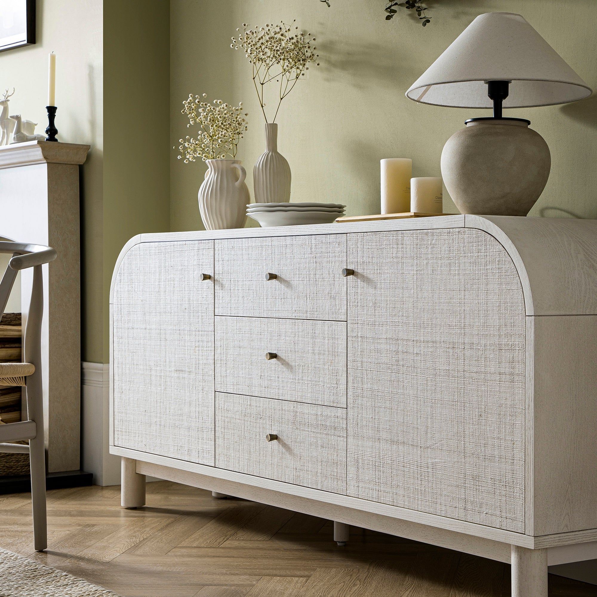 Maude Wide 3-Drawer Sideboard, Washed White Ash with Raffia