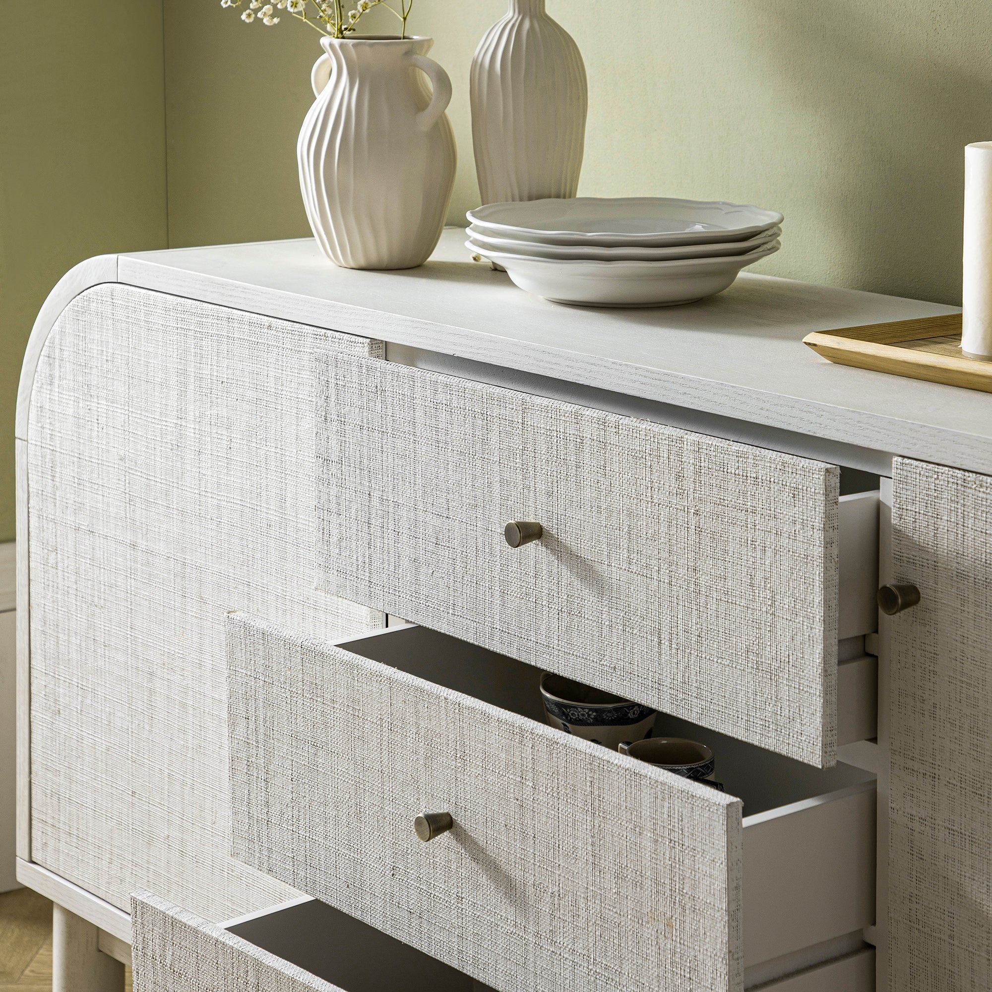 Maude Wide 3-Drawer Sideboard, Washed White Ash with Raffia