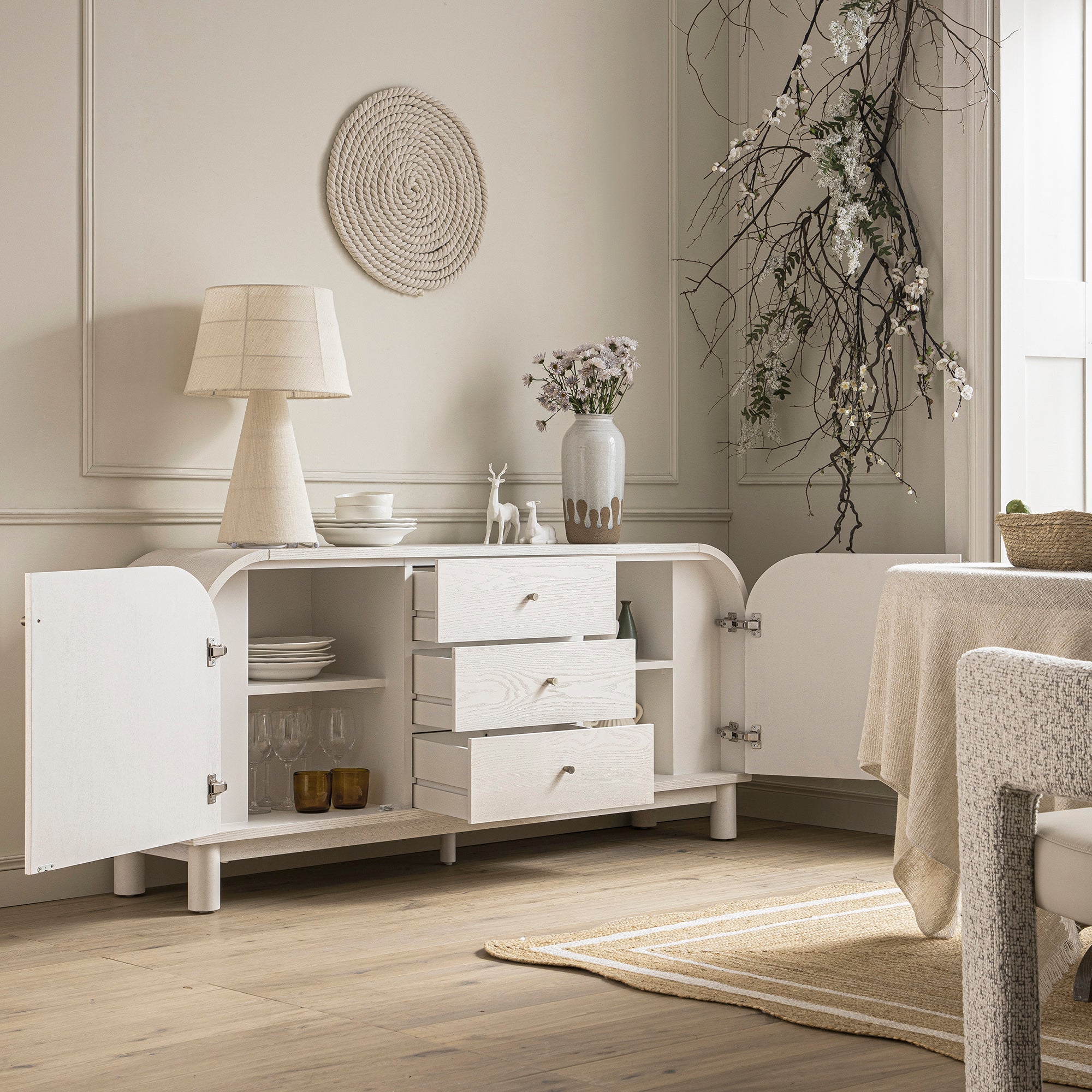 Maude Wide 3-Drawer Sideboard, Washed White Ash