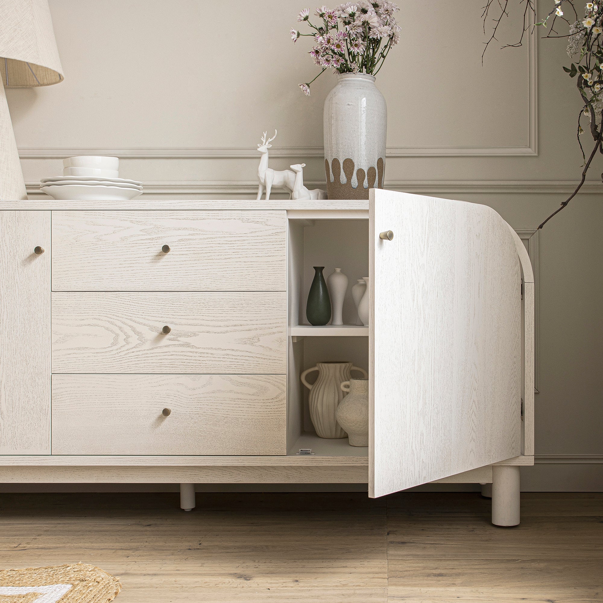 Maude Wide 3-Drawer Sideboard, Washed White Ash