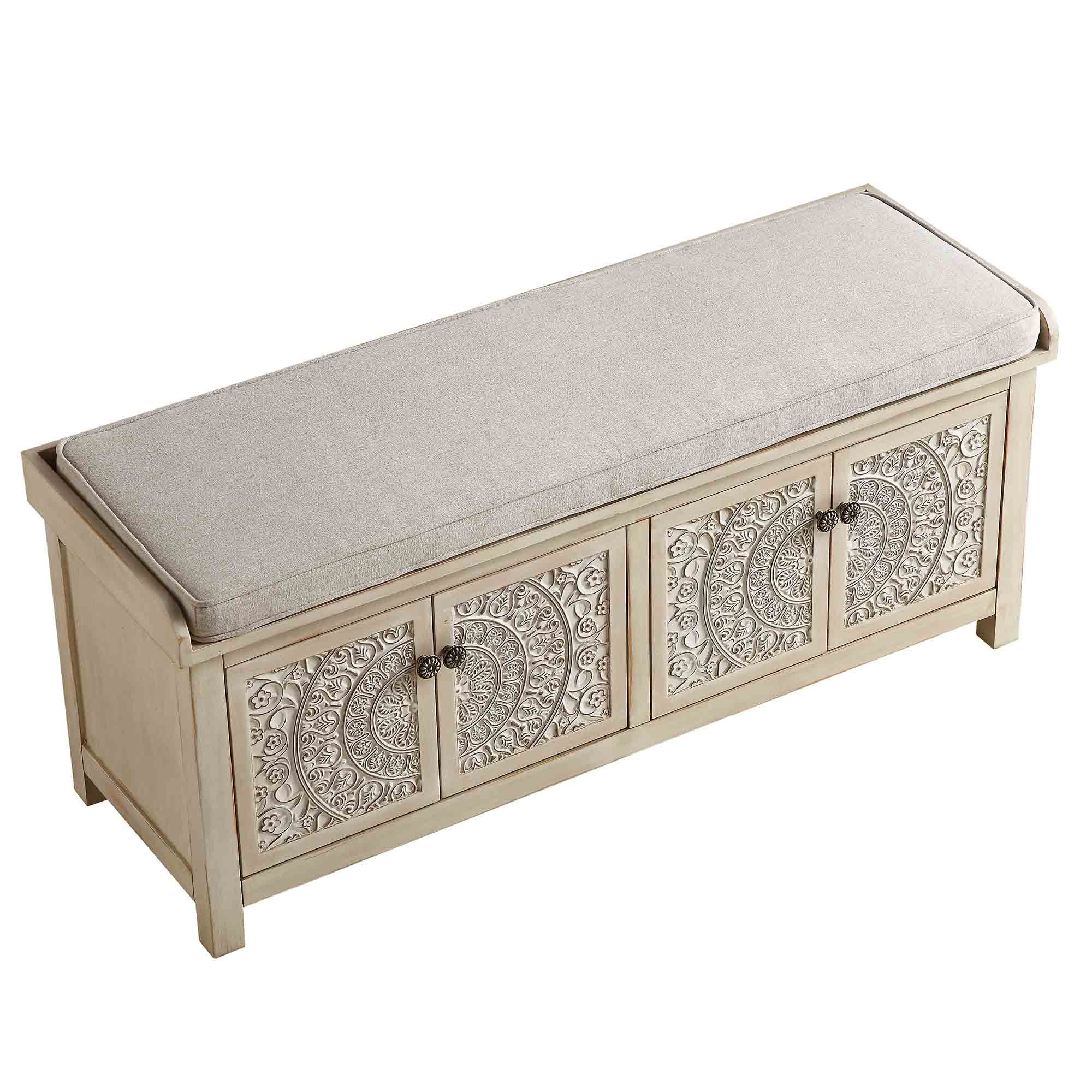 Chantilly Whitewashed Carved Storage Bench