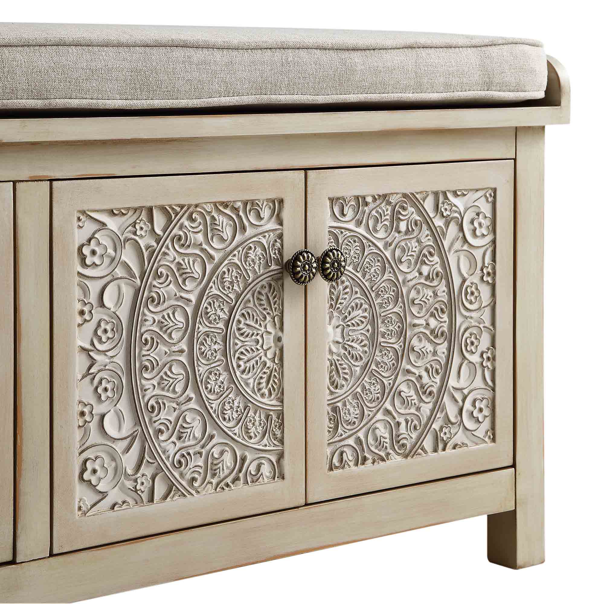 Chantilly Whitewashed Carved Storage Bench