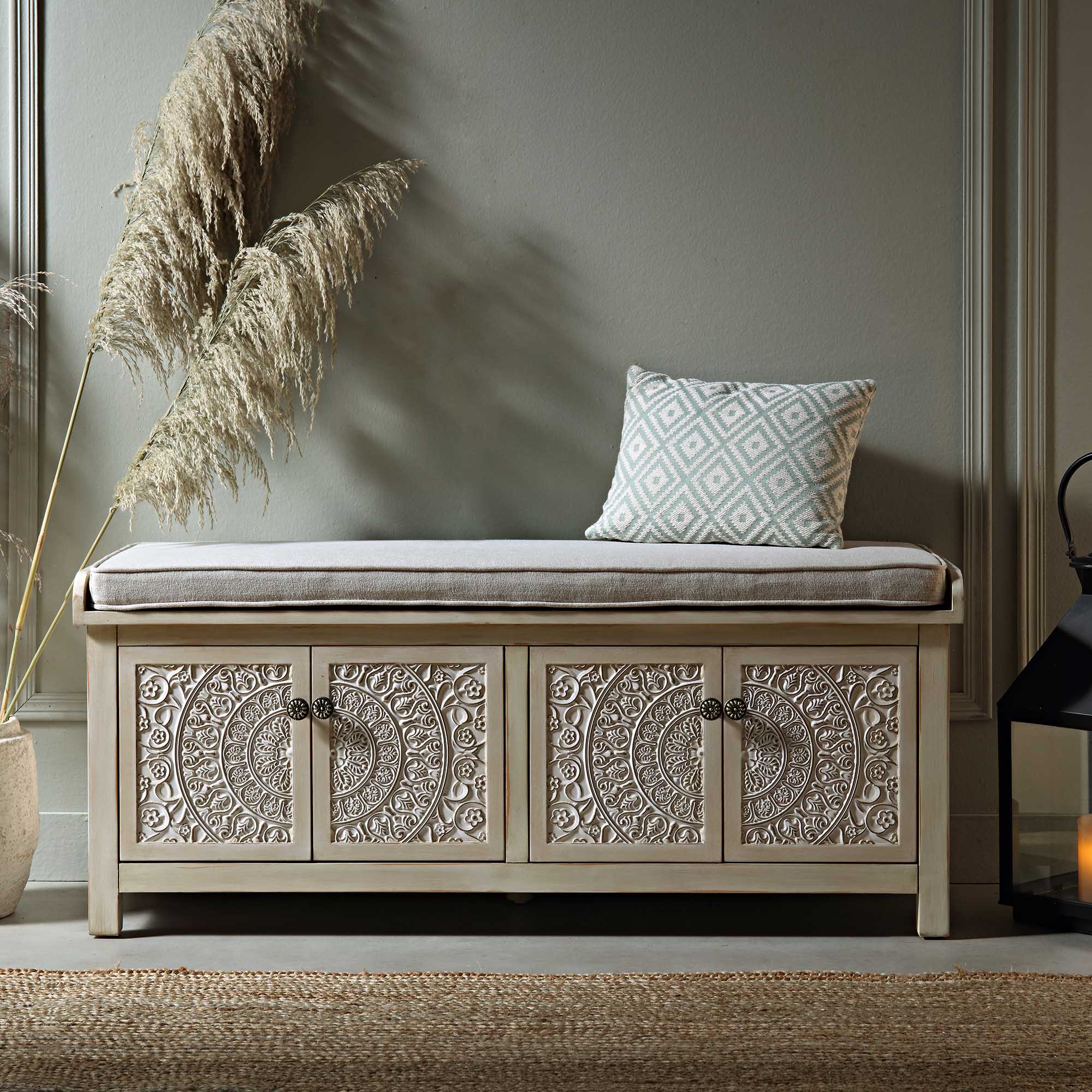 Chantilly Whitewashed Carved Storage Bench