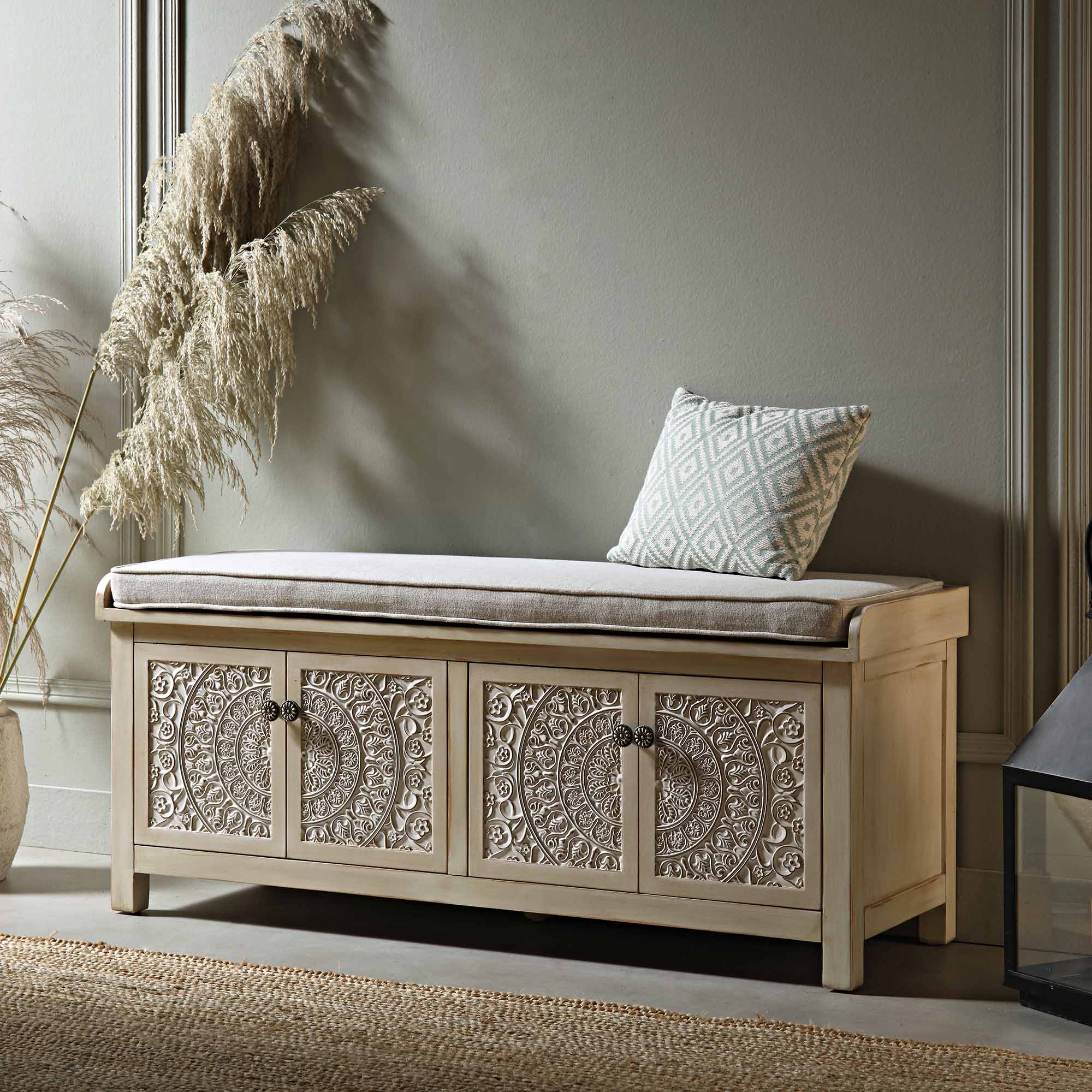 Chantilly Whitewashed Carved Storage Bench