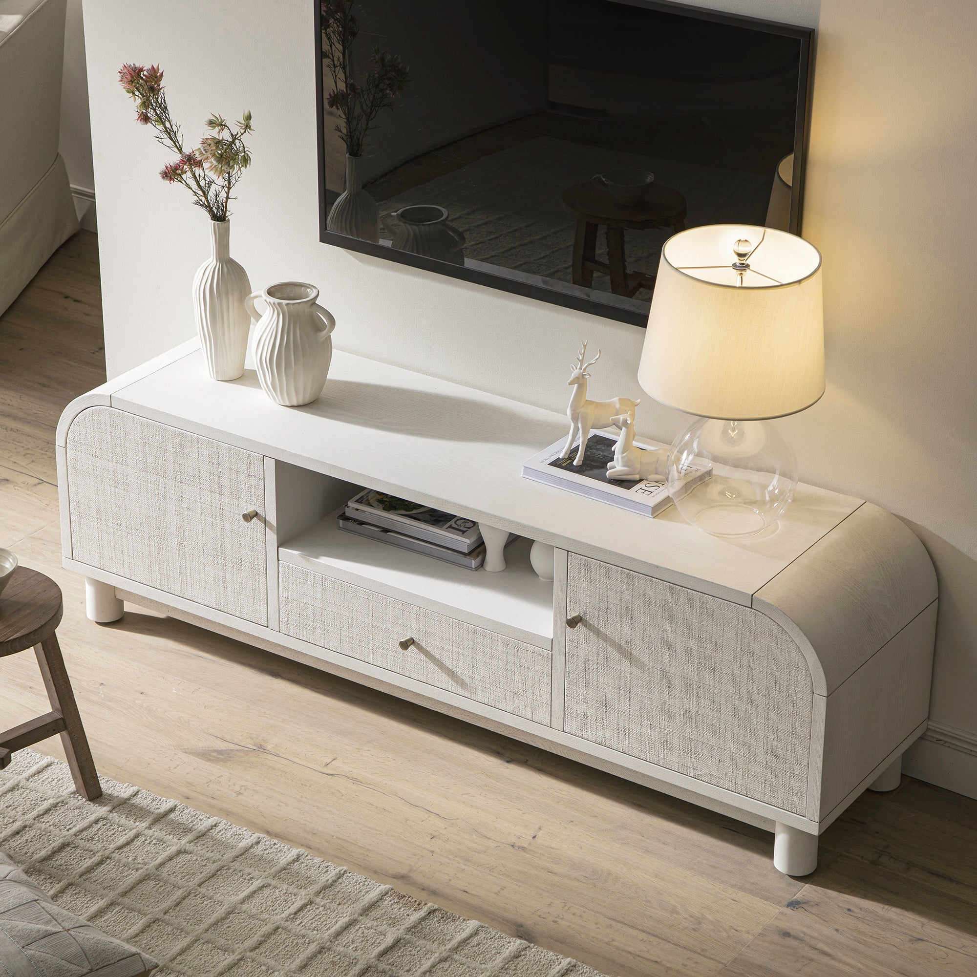 Maude TV Unit, Washed White Ash with Raffia