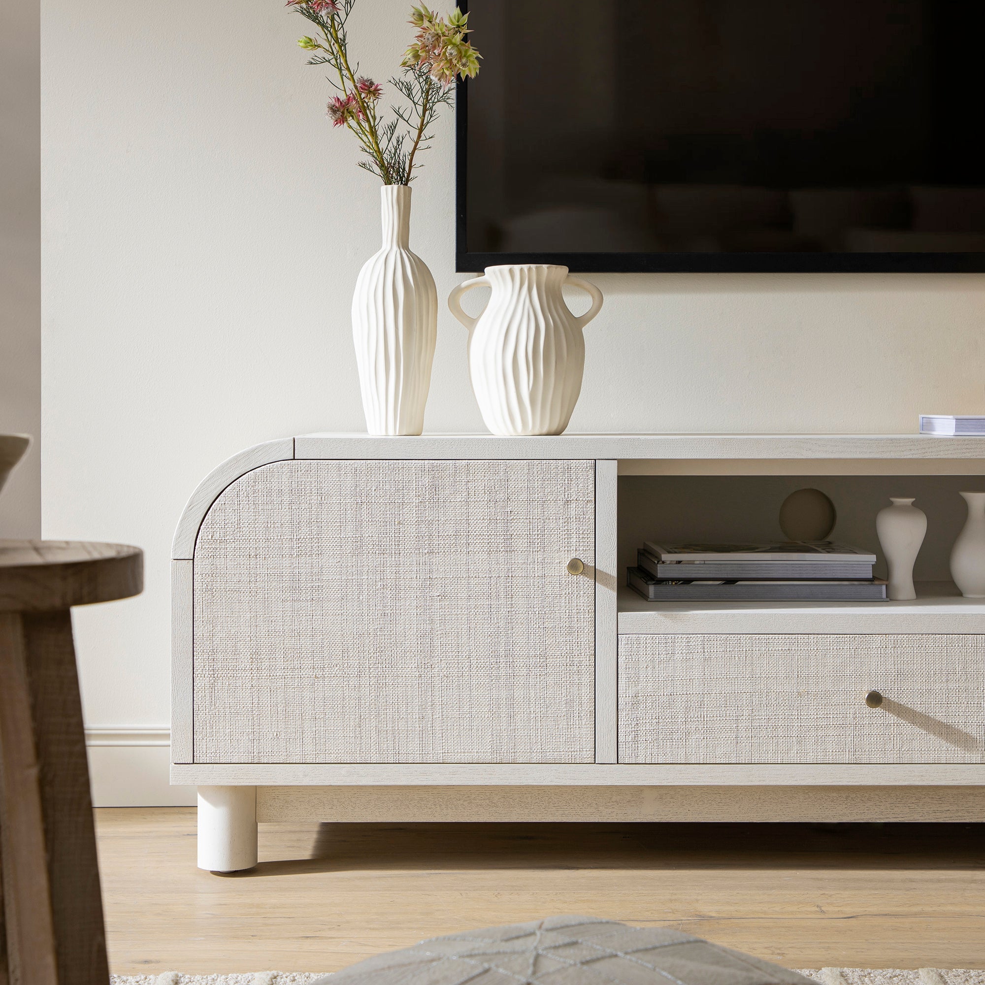 Maude TV Unit, Washed White Ash with Raffia