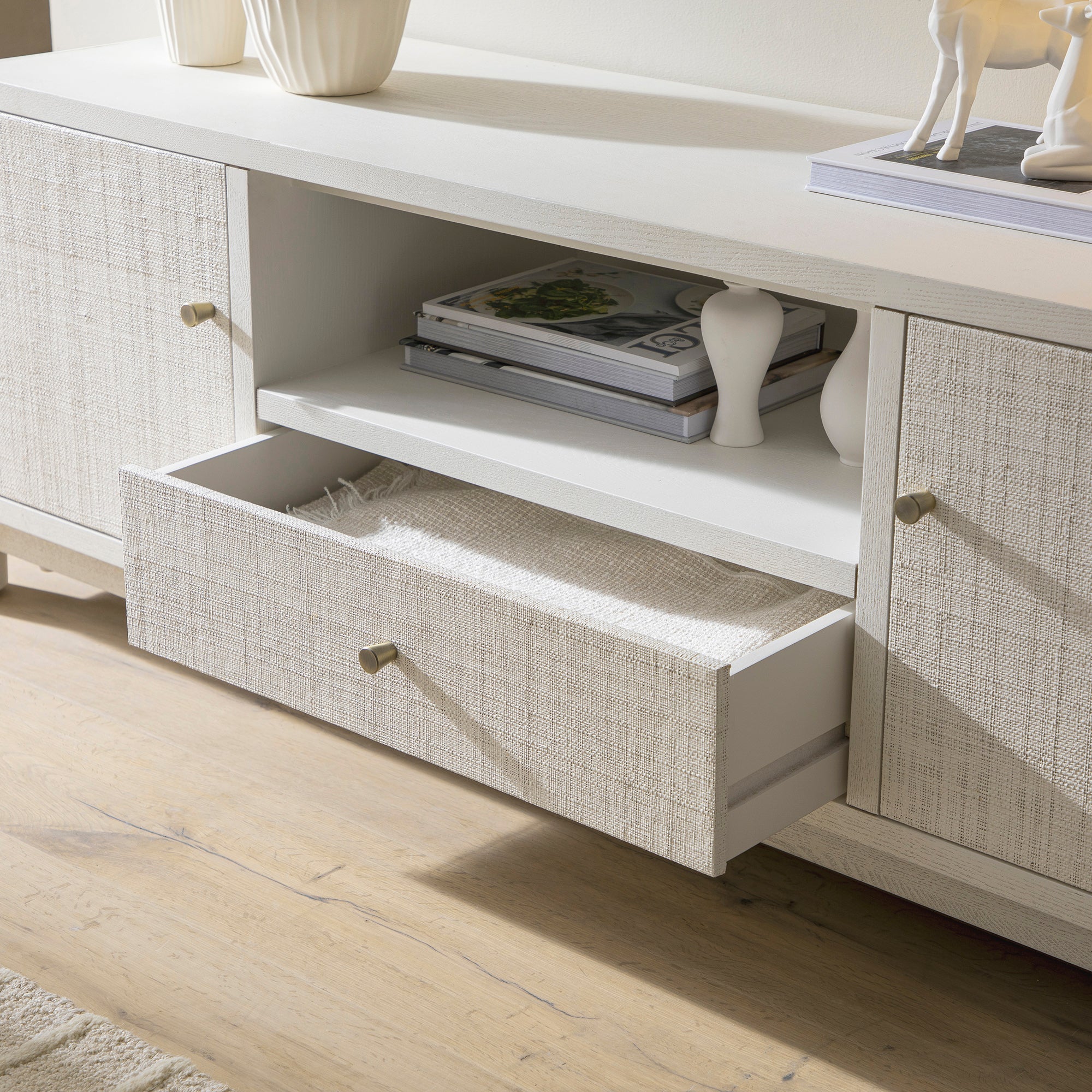 Maude TV Unit, Washed White Ash with Raffia