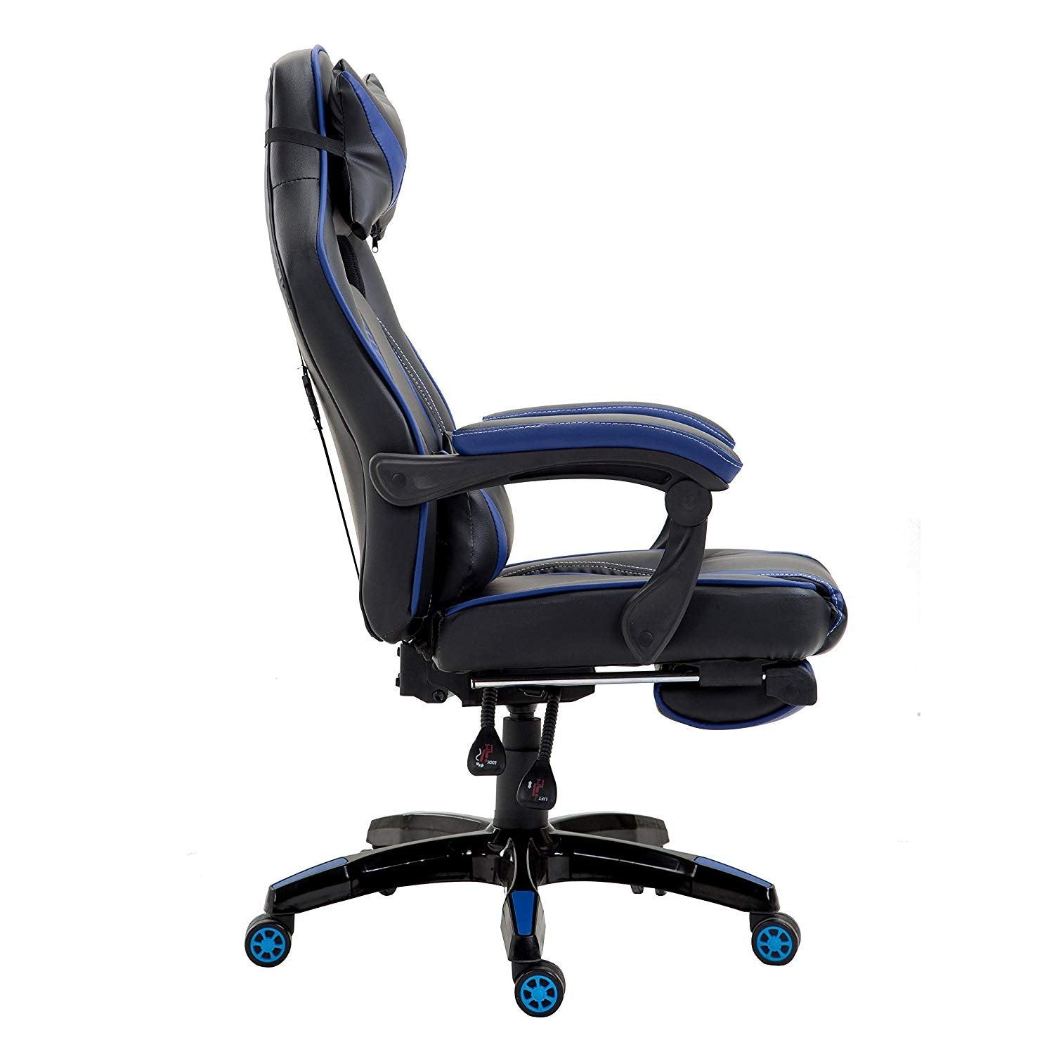 High Back Recliner Gaming Swivel Chair with Footrest & Adjustable Lumbar & Head Cushion, MR49 Black & Blue