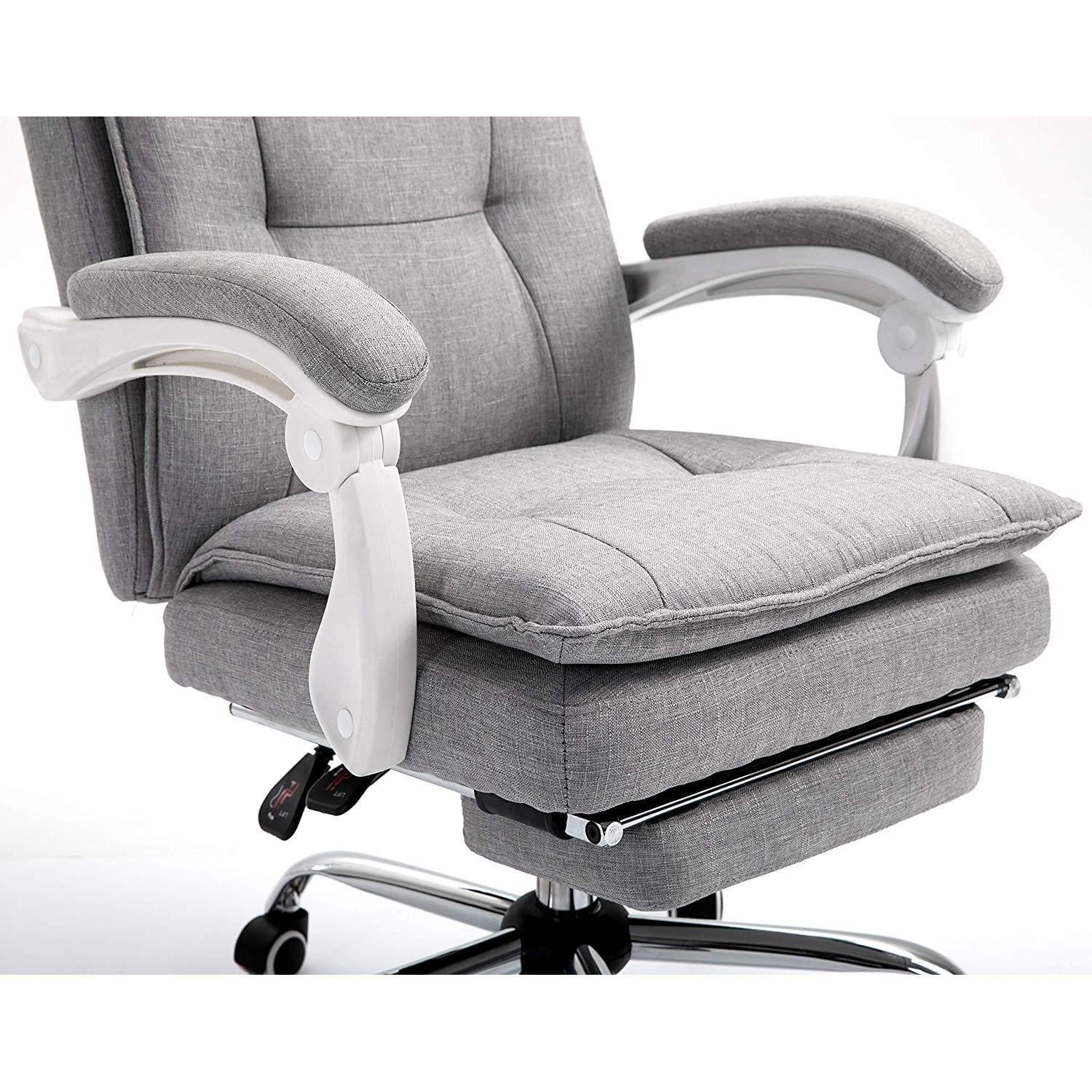 Executive Double Layer Padding Recline Office Desk Chair with Footrest, MR77 Grey Fabric