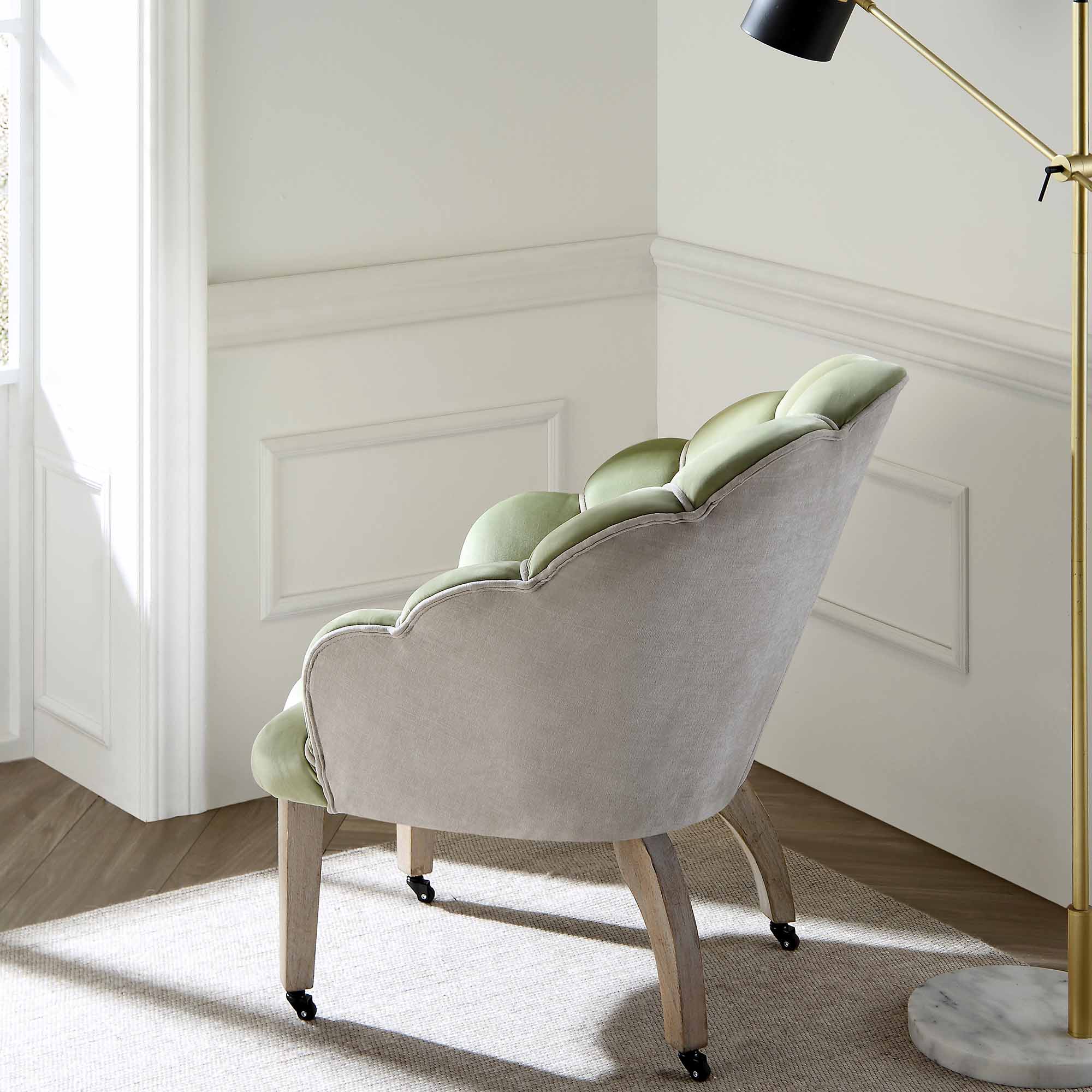 Barnard Scalloped Clam Chair, Lichen Velvet