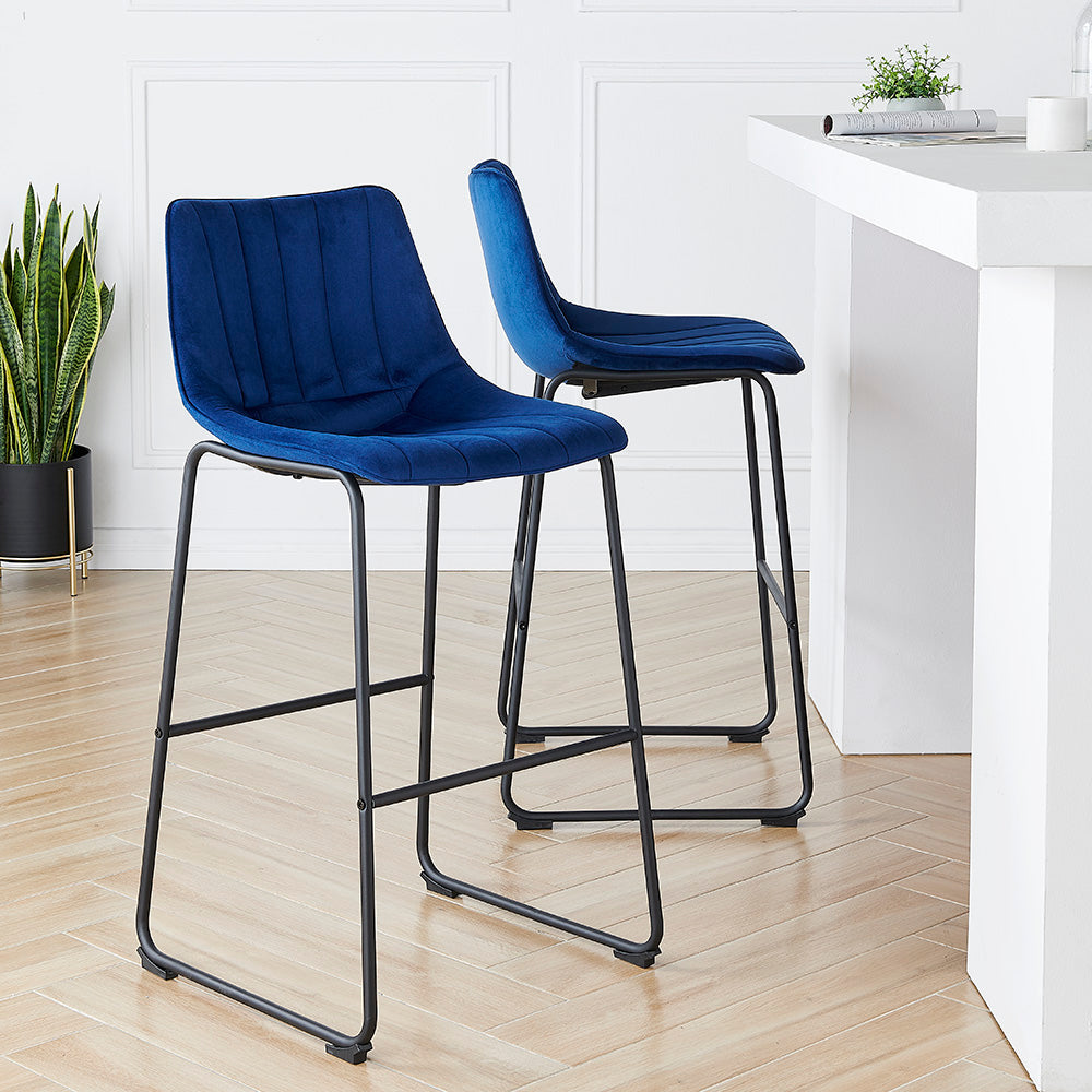 Sutton Set of 2 Fluted Back Bar Stools (Blue Velvet)