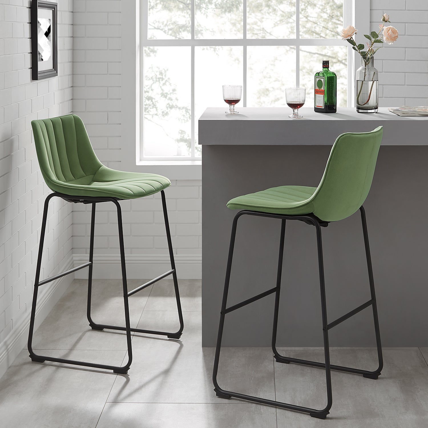 Sutton Set of 2 Fluted Back Bar Stools (Sage Green Velvet)