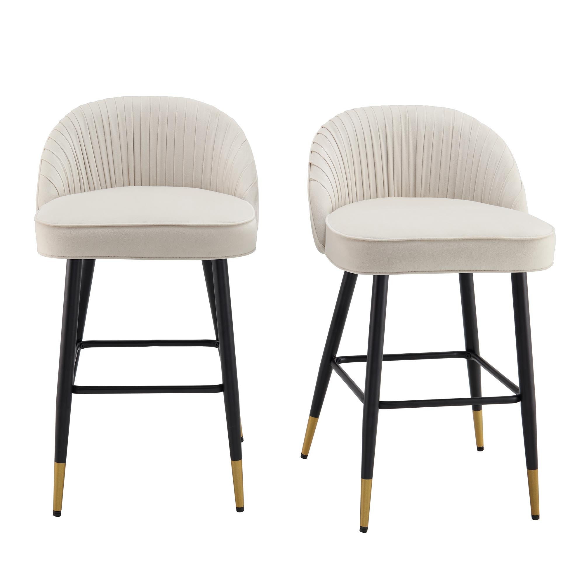 Miyae Set of 2 Pleated Champagne Beige Velvet Upholstered Counter Stools