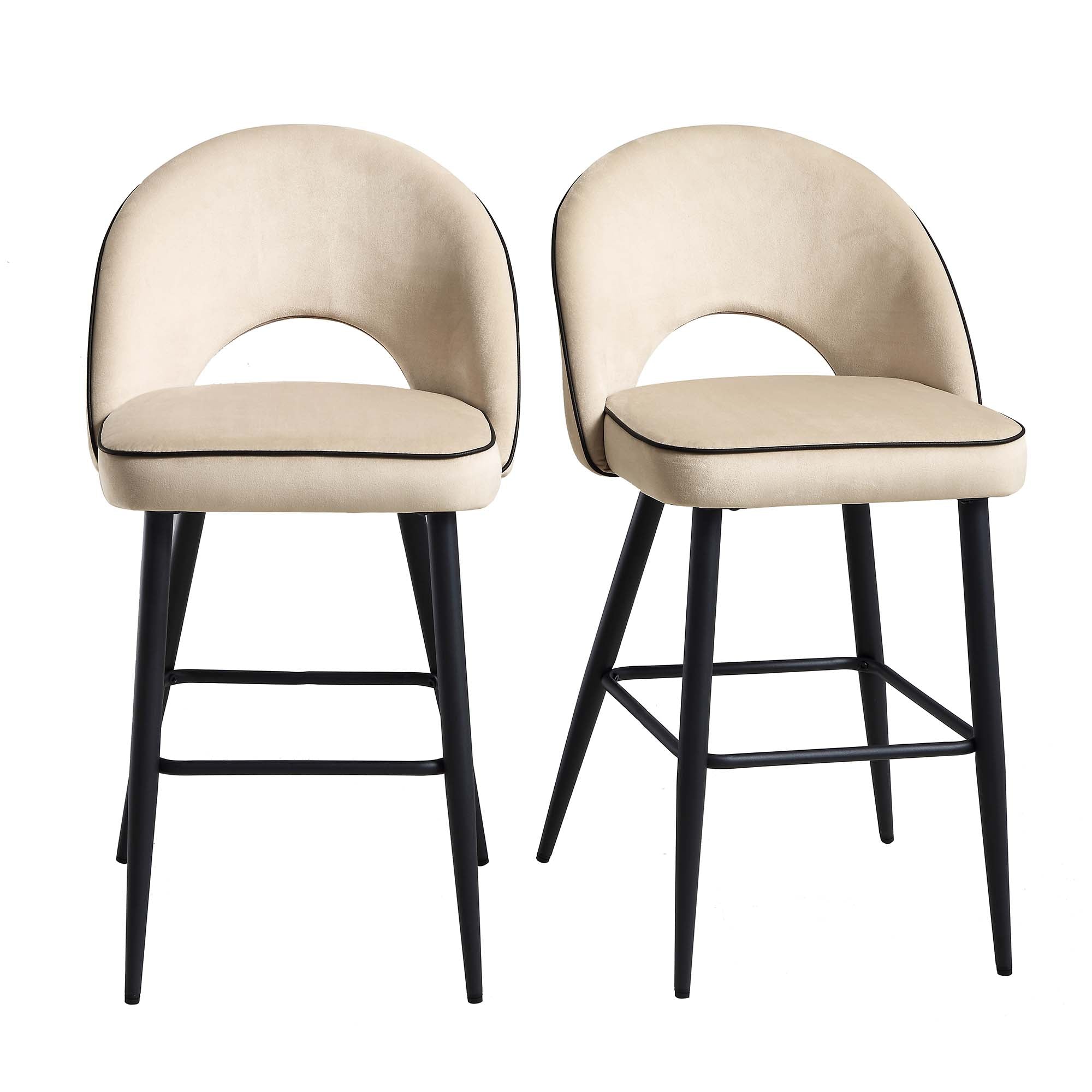 Oakley Set of 2 Champagne Velvet Upholstered Counter Stools with Contrast Piping