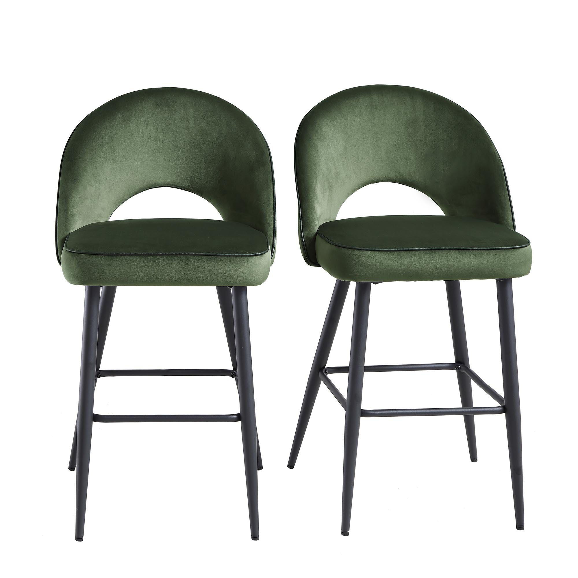 Oakley Set of 2 Dark Green Velvet Upholstered Counter Stools with Contrast Piping