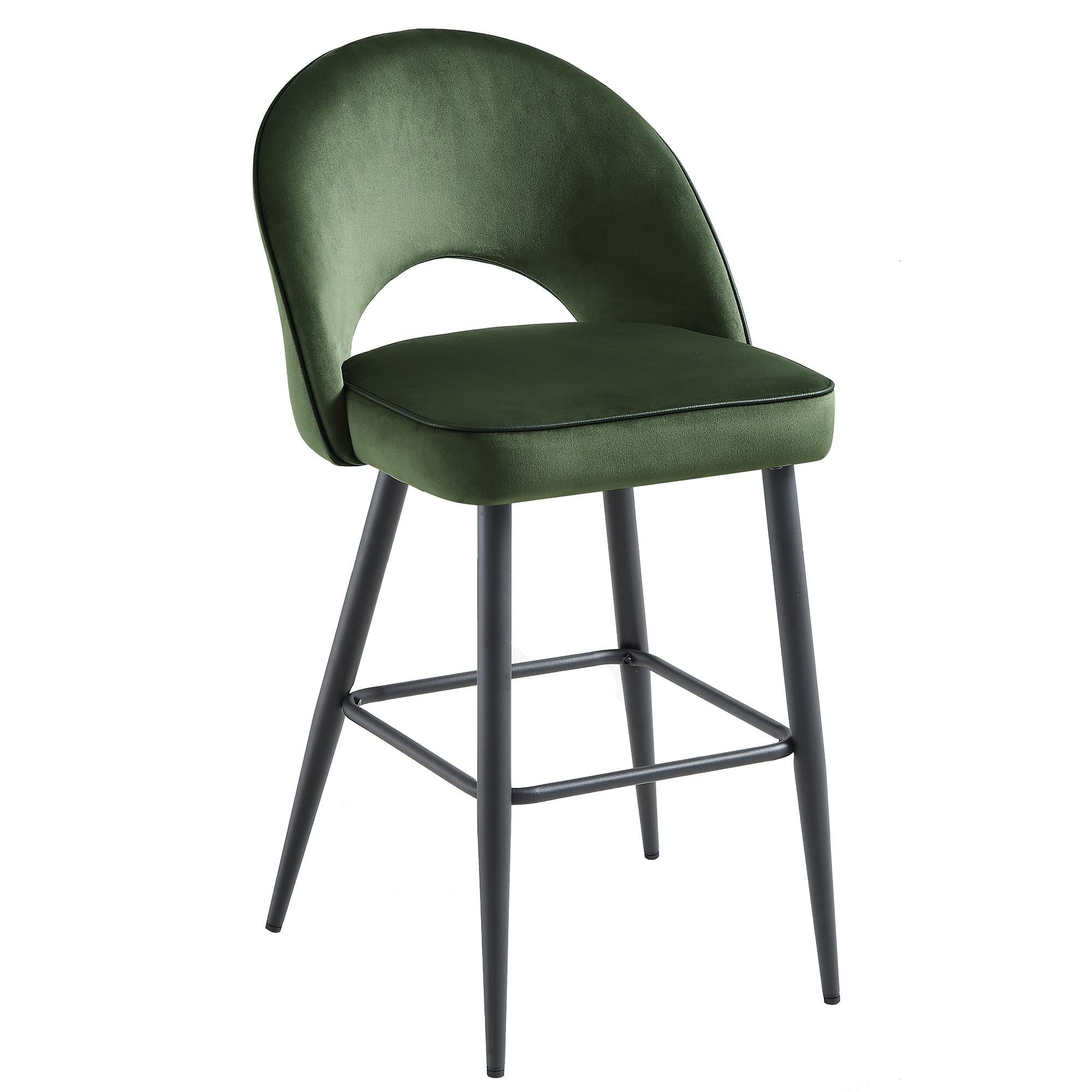 Oakley Set of 2 Dark Green Velvet Upholstered Counter Stools with Contrast Piping