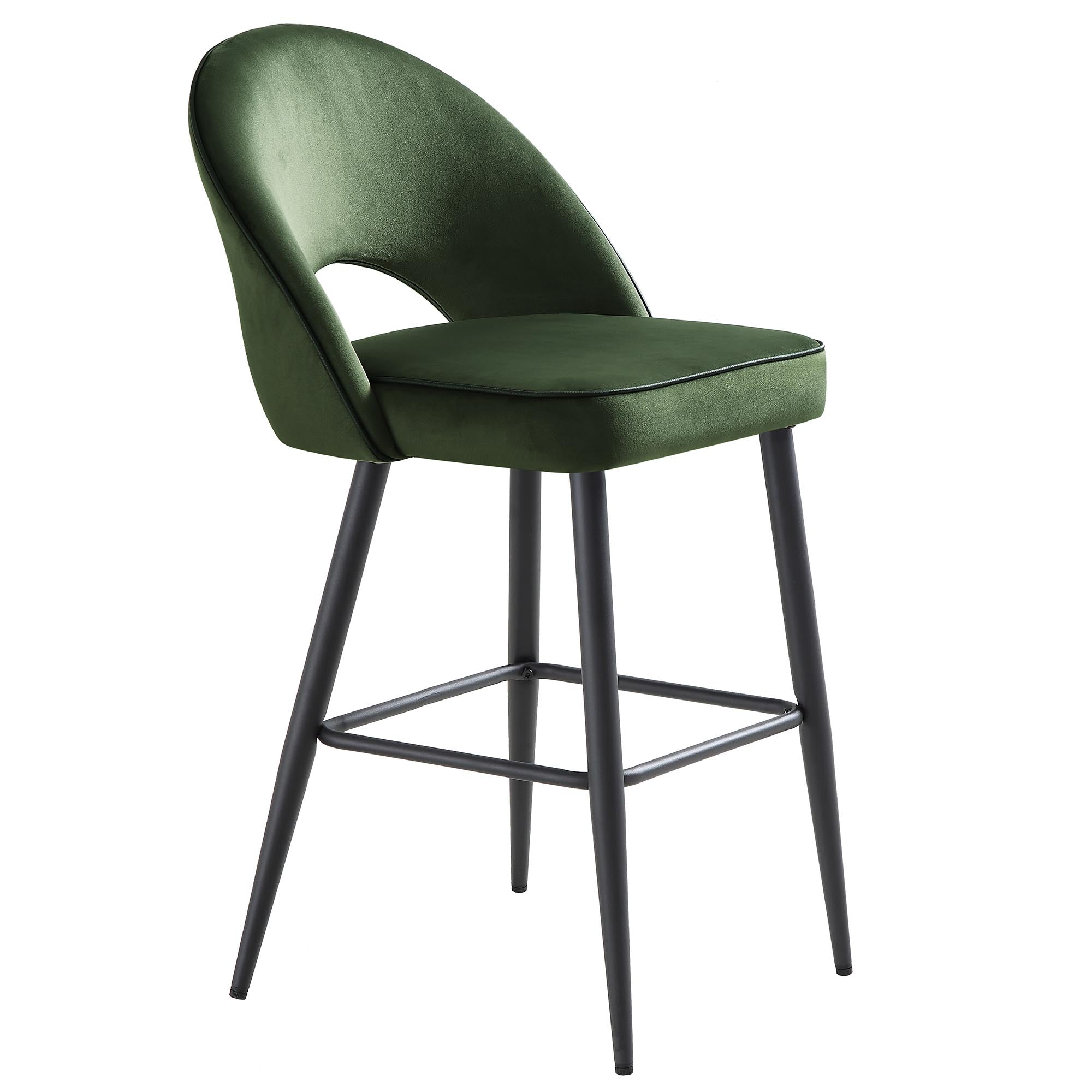 Oakley Set of 2 Dark Green Velvet Upholstered Counter Stools with Contrast Piping