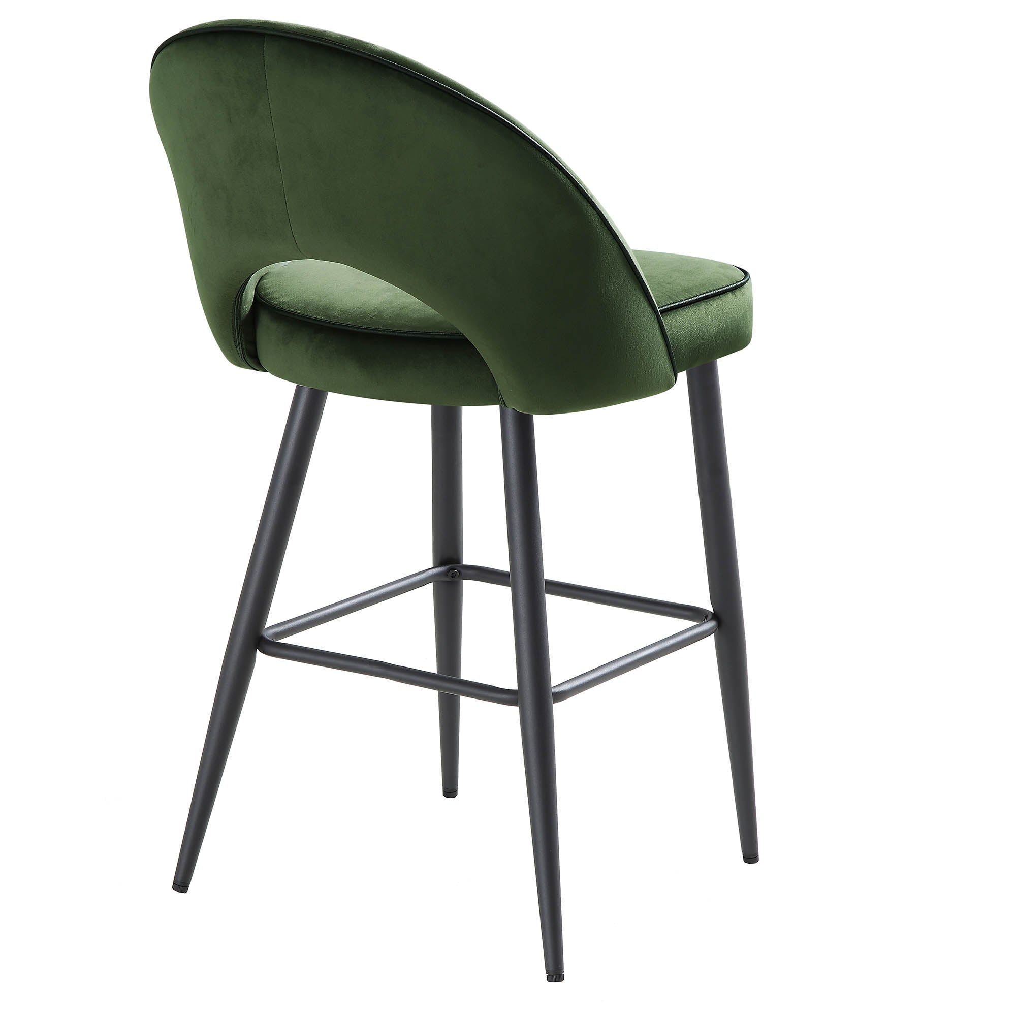 Oakley Set of 2 Dark Green Velvet Upholstered Counter Stools with Contrast Piping