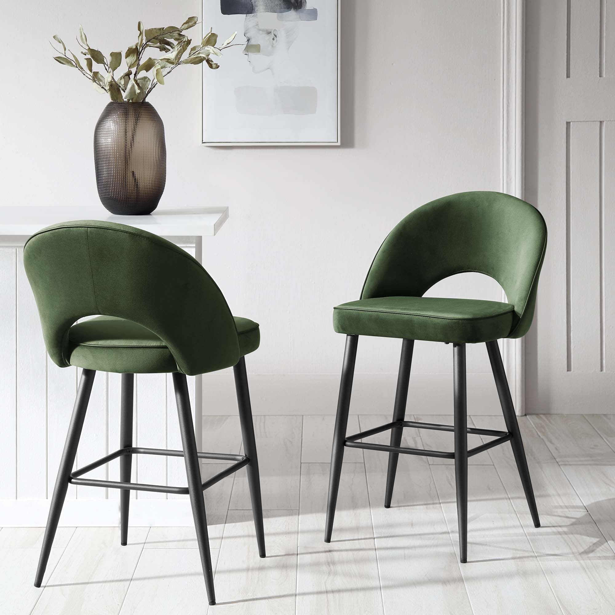 Oakley Set of 2 Dark Green Velvet Upholstered Counter Stools with Contrast Piping