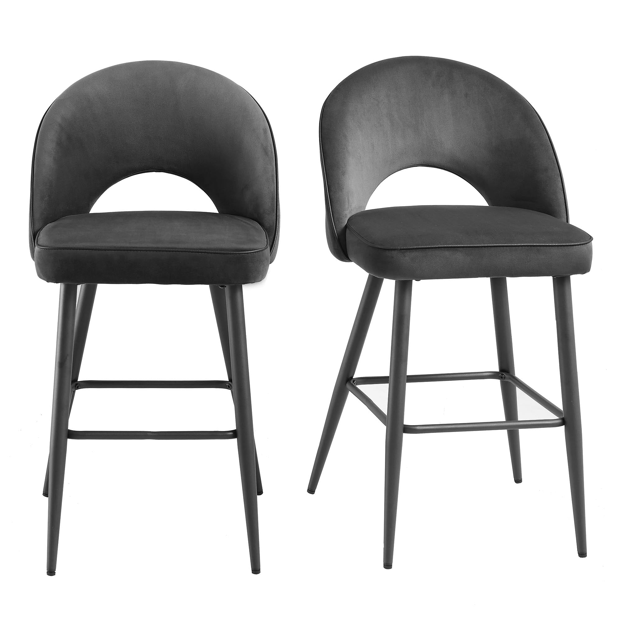 Oakley Set of 2 Dark Gray Velvet Upholstered Counter Stools with Contrast Piping