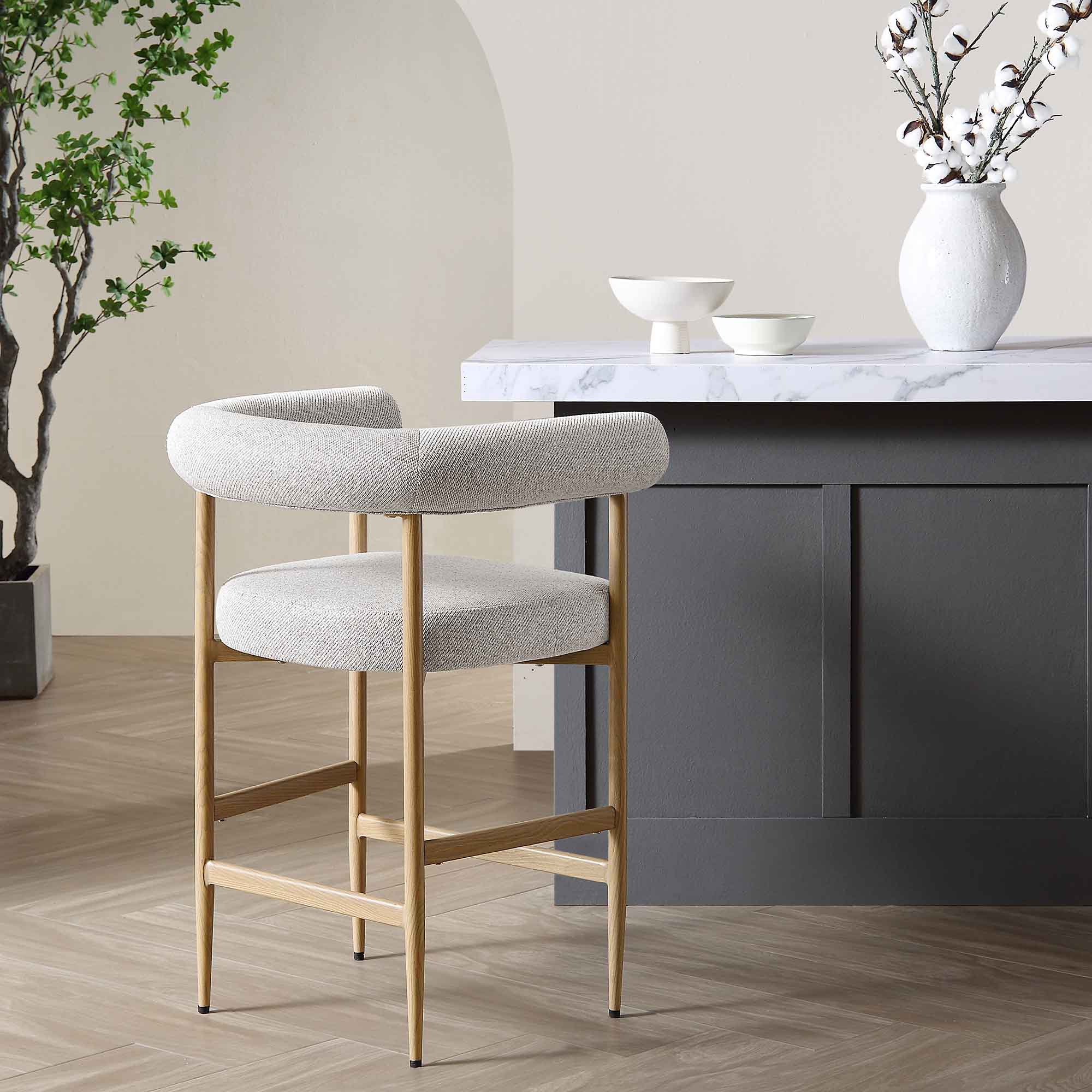 Fulbourn Beige Woven Counter Stool with Natural Wood Effect Legs