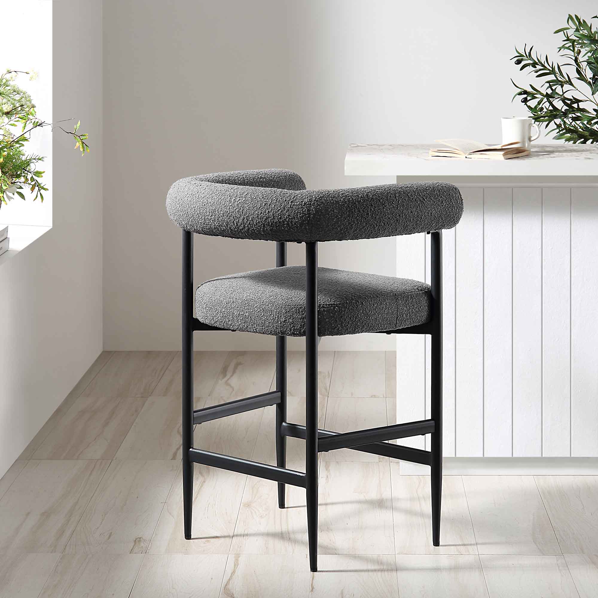 Fulbourn Charcoal Boucle Counter Stool with Black Metal Legs