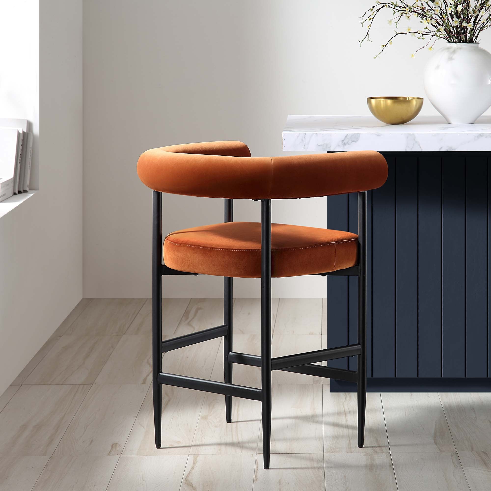 Fulbourn Rust Velvet Counter Stool with Black Legs