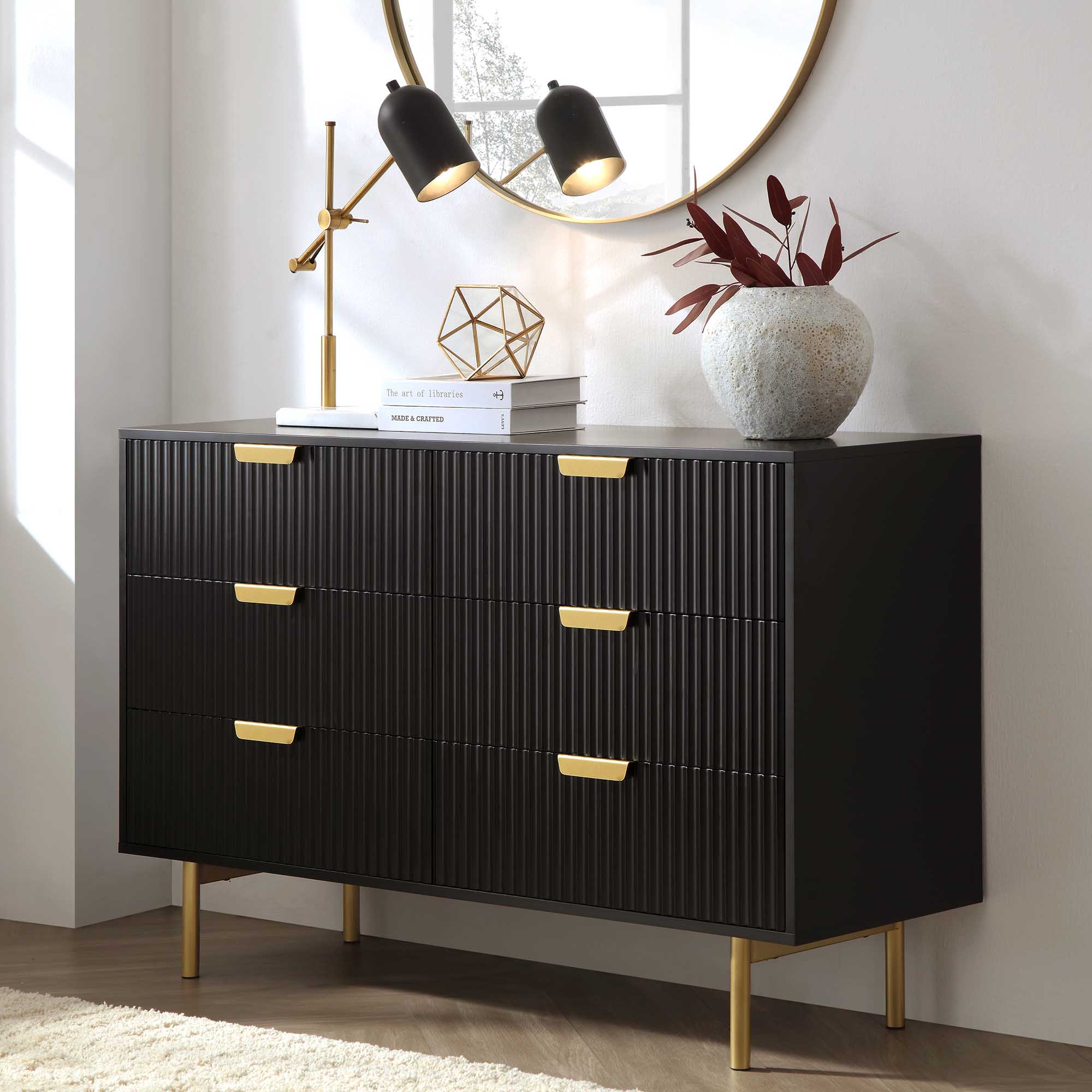 Richmond Ridged Wide 6 Drawer Dresser, Matte Black